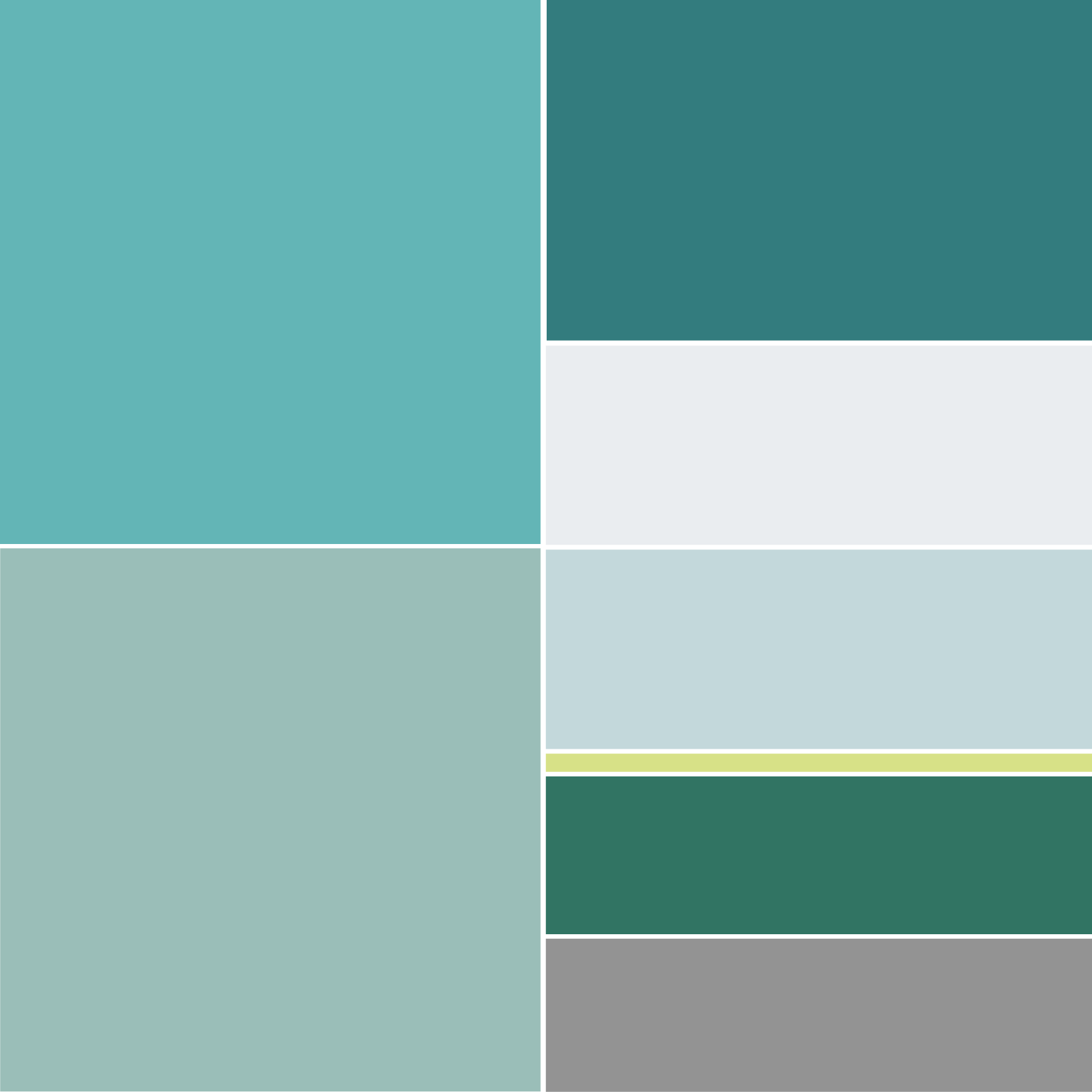 Abbinamento color Tiffany con verde acqua, ottanio, grigio chiarissimo, azzurro, verde, grigio e verde acido