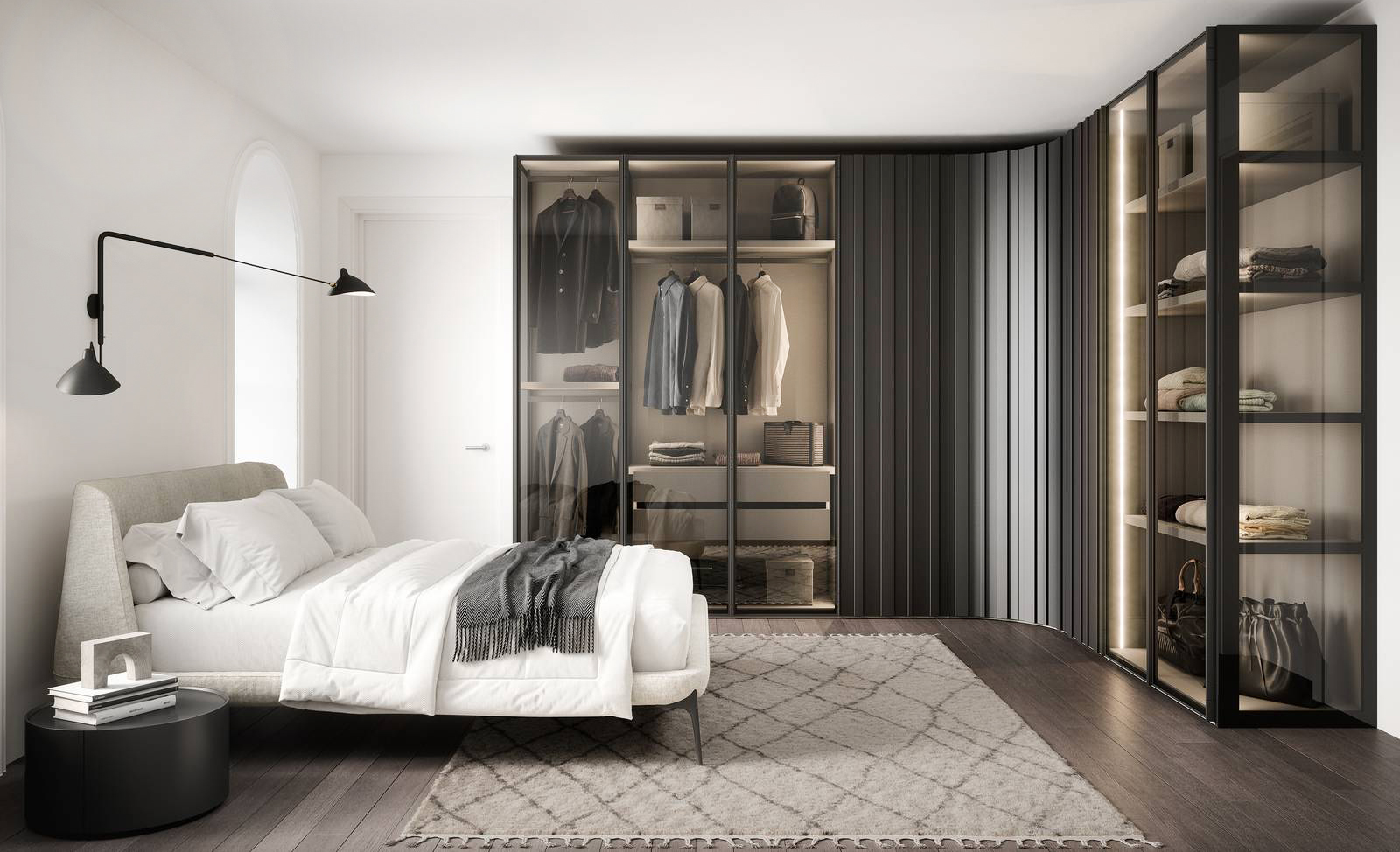 Vetro fumé, profilato in laccato ossidato brunito, per le ante a battente Perry che caratterizzano i lati della composizione angolare Wardrobes 23 di Novamobili. Al centro trova posto la sezione chiusa dalle ante a battente dogate Stave realizzate in laccato ossidato brunito; l'interno è declinato nella finitura oxford. Prezzo su richiesta. www.novamobili.it Vetro fumé, profilato in laccato ossidato brunito, per le ante a battente Perry che caratterizzano i lati della composizione angolare Wardrobes 23 di Novamobili. Al centro trova posto la sezione chiusa dalle ante a battente dogate Stave realizzate in laccato ossidato brunito; l'interno è declinato nella finitura oxford. Prezzo su richiesta. www.novamobili.it