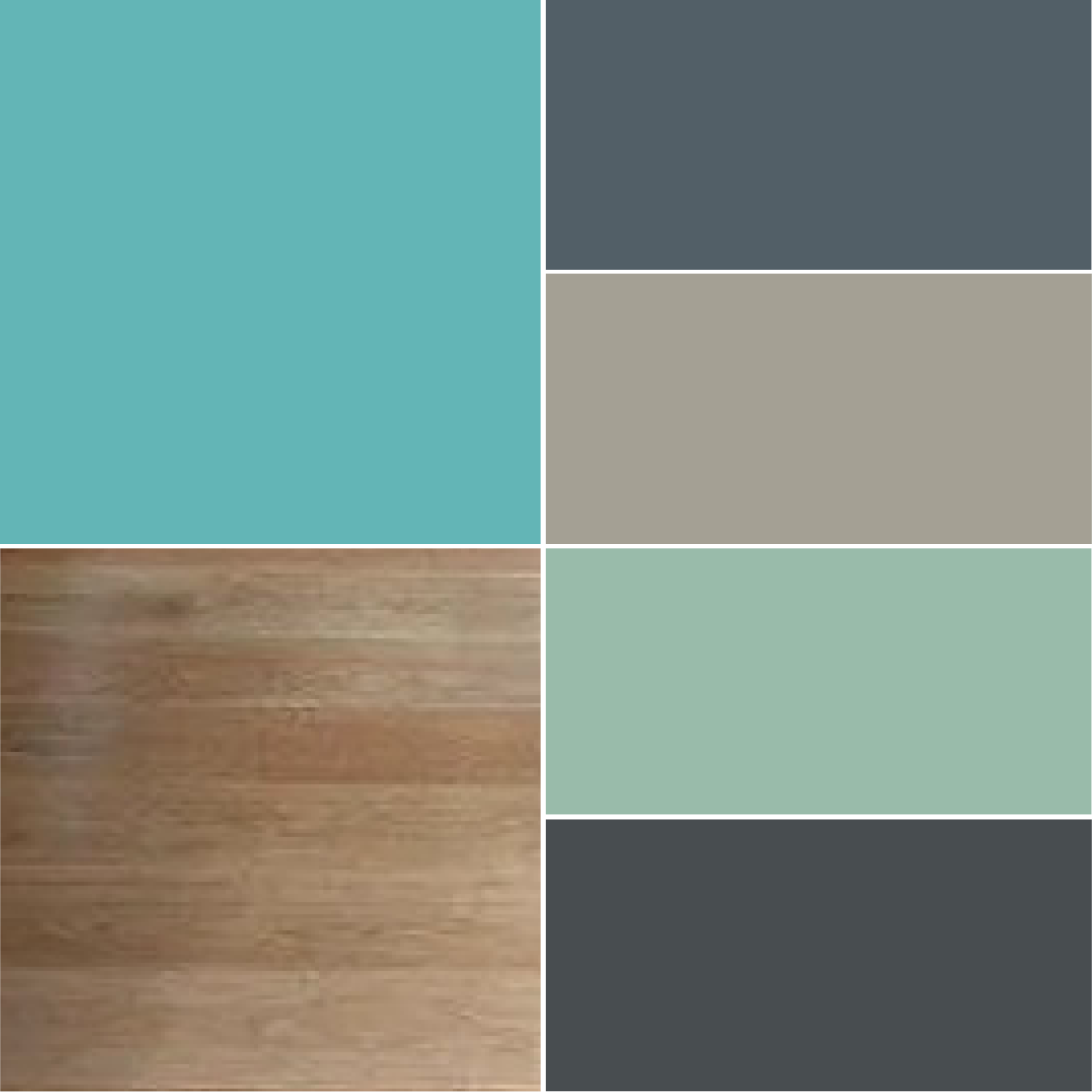 Abbinamento color Tiffany con legno, grigio/blu, grigio, verde acqua e grigio scuro