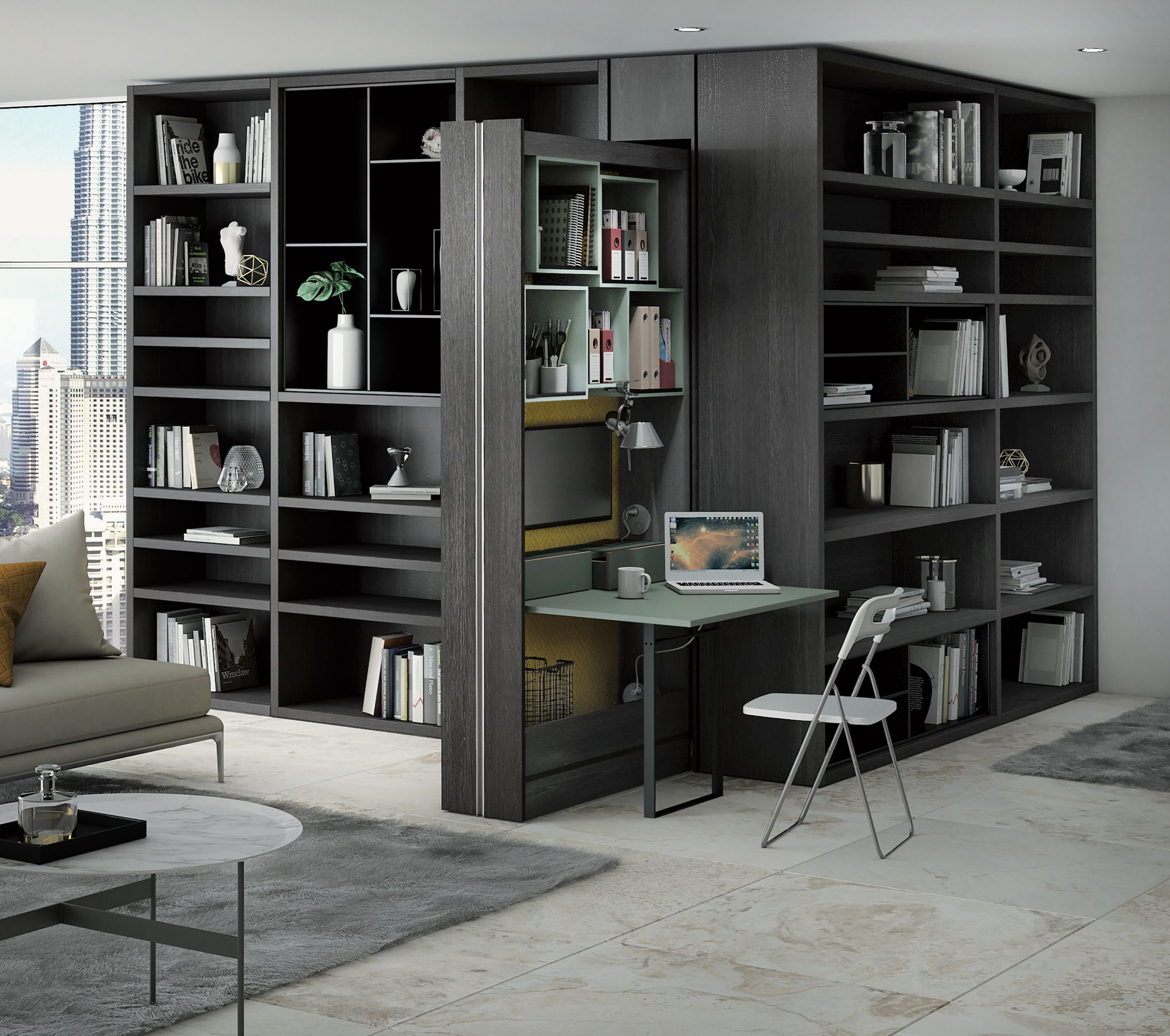 Consente di dare vita ad un'efficiente postazione di lavoro la libreria ad angolo Bigfoot Gio di Protek: infatti è presente un piano scrivania a ribalta che scompare quando non serve. Il modulo con due pratici cassetti e un piano di appoggio completa la composizione. Misura a partire da L 60 x P 40 x H 210 cm. Prezzo su progetto. www.protek-controtelai.com Consente di dare vita ad un'efficiente postazione di lavoro la libreria ad angolo Bigfoot Gio di Protek: infatti è presente un piano scrivania a ribalta che scompare quando non serve. Il modulo con due pratici cassetti e un piano di appoggio completa la composizione. Misura a partire da L 60 x P 40 x H 210 cm. Prezzo su progetto. www.protek-controtelai.com