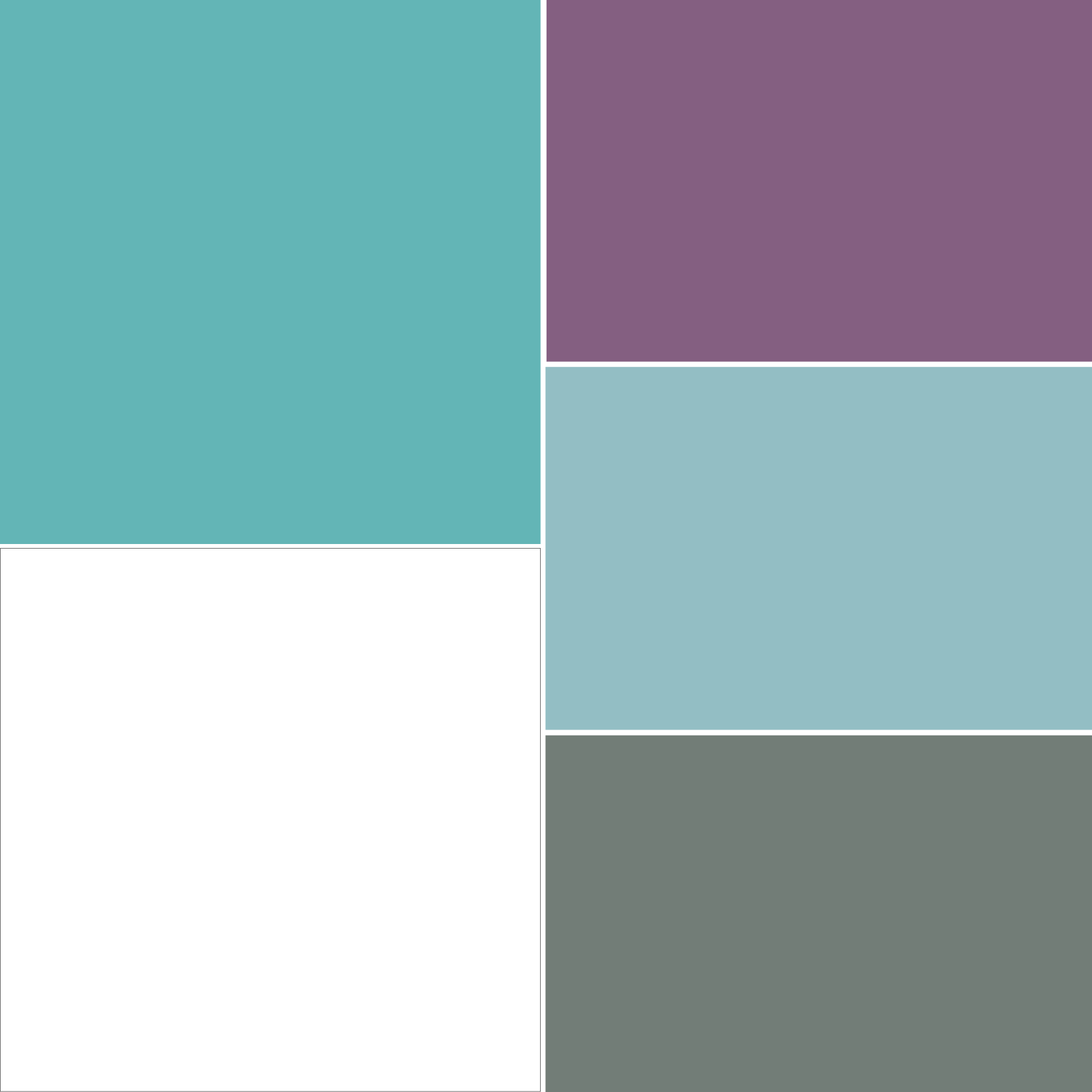 Abbinamento color Tiffany con bianco, violetto, azzurro, grigio/verde