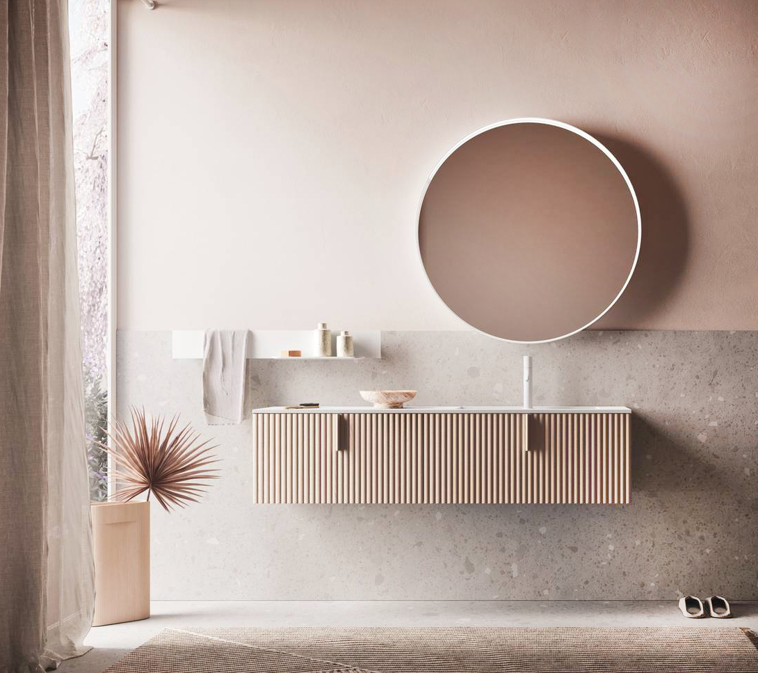 Code Wave propone il motivo cannettato nella composizione #09 di Arbi Arredobagno con il mobile lavabo sospeso realizzato in finitura Rovere Crema abbinato a piano top in Cristalplant con lavabo integrato Block, la specchiera è Soul ø 100 cm con profilo in alluminio Bianco e barra Reed in alluminio Bianco L 90 cm con luce led. Misure e prezzo a progetto, www.arbiarredobagno.it Code Wave propone il motivo cannettato nella composizione #09 di Arbi Arredobagno con il mobile lavabo sospeso realizzato in finitura Rovere Crema abbinato a piano top in Cristalplant con lavabo integrato Block, la specchiera è Soul ø 100 cm con profilo in alluminio Bianco e barra Reed in alluminio Bianco L 90 cm con luce led. Misure e prezzo a progetto, www.arbiarredobagno.it
