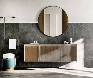 Fa parte della collezione Honey la composizione realizzata in Noce Canaletto impiallacciato e costituita da una base lavabo L 70 x P 51 x H 56 cm affiancata da due basi da 50 cm tutti con cassetto e frontali con telaio metallico finitura Nichel, il piano ha la vasca integrata ed è in Lminam Pietra Grey. La composizione in foto misura L 176,4 x P 51,8 ed il prezzo è 8.722,46 + Iva, www.cerasa.it Fa parte della collezione Honey la composizione realizzata in Noce Canaletto impiallacciato e costituita da una base lavabo L 70 x P 51 x H 56 cm affiancata da due basi da 50 cm tutti con cassetto e frontali con telaio metallico finitura Nichel, il piano ha la vasca integrata ed è in Lminam Pietra Grey. La composizione in foto misura L 176,4 x P 51,8 ed il prezzo è 8.722,46 + Iva, www.cerasa.it