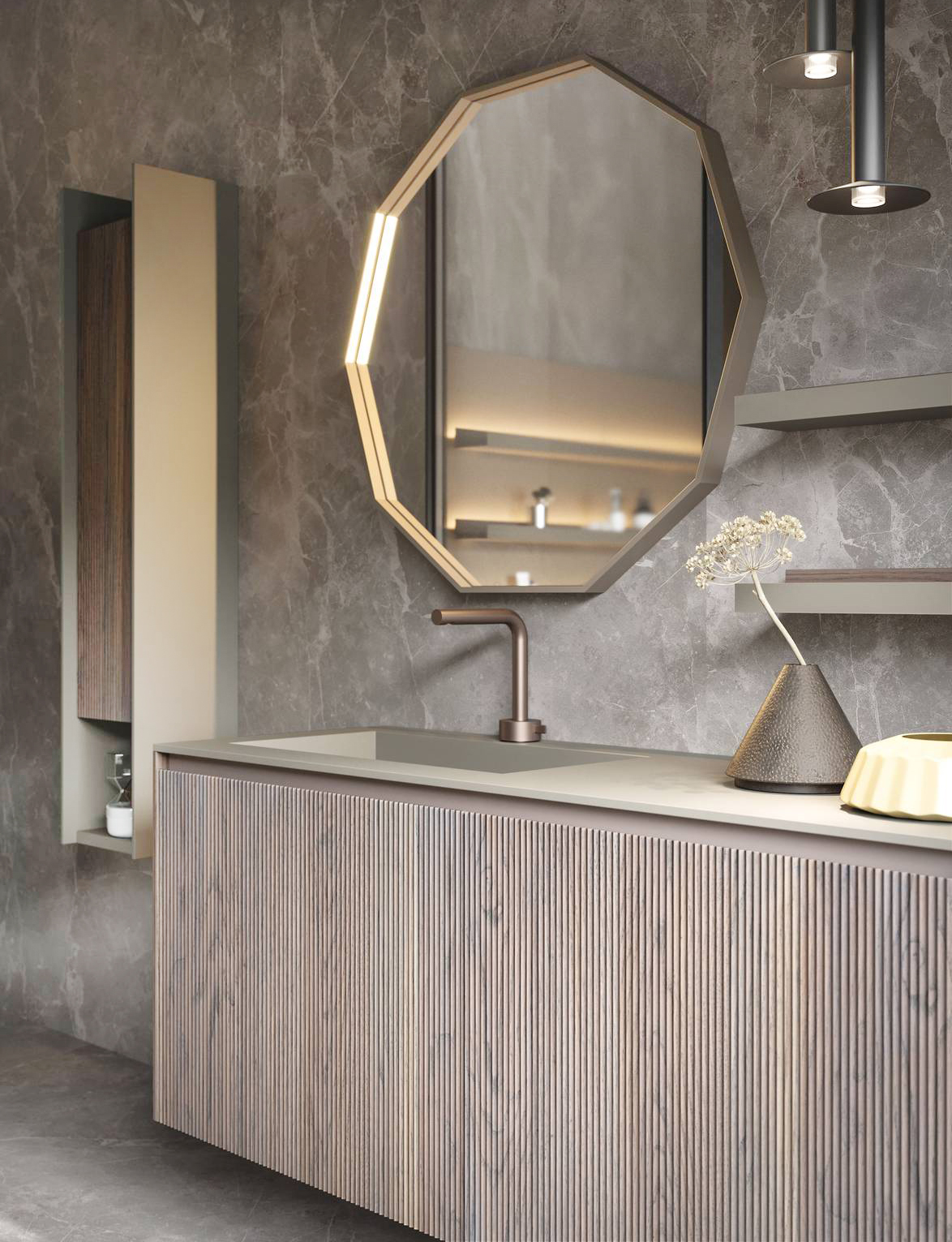 La finitura Plissè della collezione D’Art di Novello richiama la lavorazione sartoriale a pieghe del tessuto che crea un effetto visivo e tattile di grande personalità, la composizione in foto presenta anta Plissè in Rovere Creta, laccato piombo opaco con top in teknorit piombo opaco. Disponibile in diversi colori laccati e 7 colori legno massello di Rovere la composizione in foto misura: mobile contenitore con lavabo incasso e top teknorit L 142 x P 51 x H 51 cm, lo specchio L 84 x P 5 x H 80cm, le mensole L 70 x P 16 x H 6 cm e l’armadietto verticale a lato L 27 x H 120 X P 25 cm ed il prezzo è 5.492 euro, www.novello.it La finitura Plissè della collezione D’Art di Novello richiama la lavorazione sartoriale a pieghe del tessuto che crea un effetto visivo e tattile di grande personalità, la composizione in foto presenta anta Plissè in Rovere Creta, laccato piombo opaco con top in teknorit piombo opaco. Disponibile in diversi colori laccati e 7 colori legno massello di Rovere la composizione in foto misura: mobile contenitore con lavabo incasso e top teknorit L 142 x P 51 x H 51 cm, lo specchio L 84 x P 5 x H 80cm, le mensole L 70 x P 16 x H 6 cm e l’armadietto verticale a lato L 27 x H 120 X P 25 cm ed il prezzo è 5.492 euro, www.novello.it