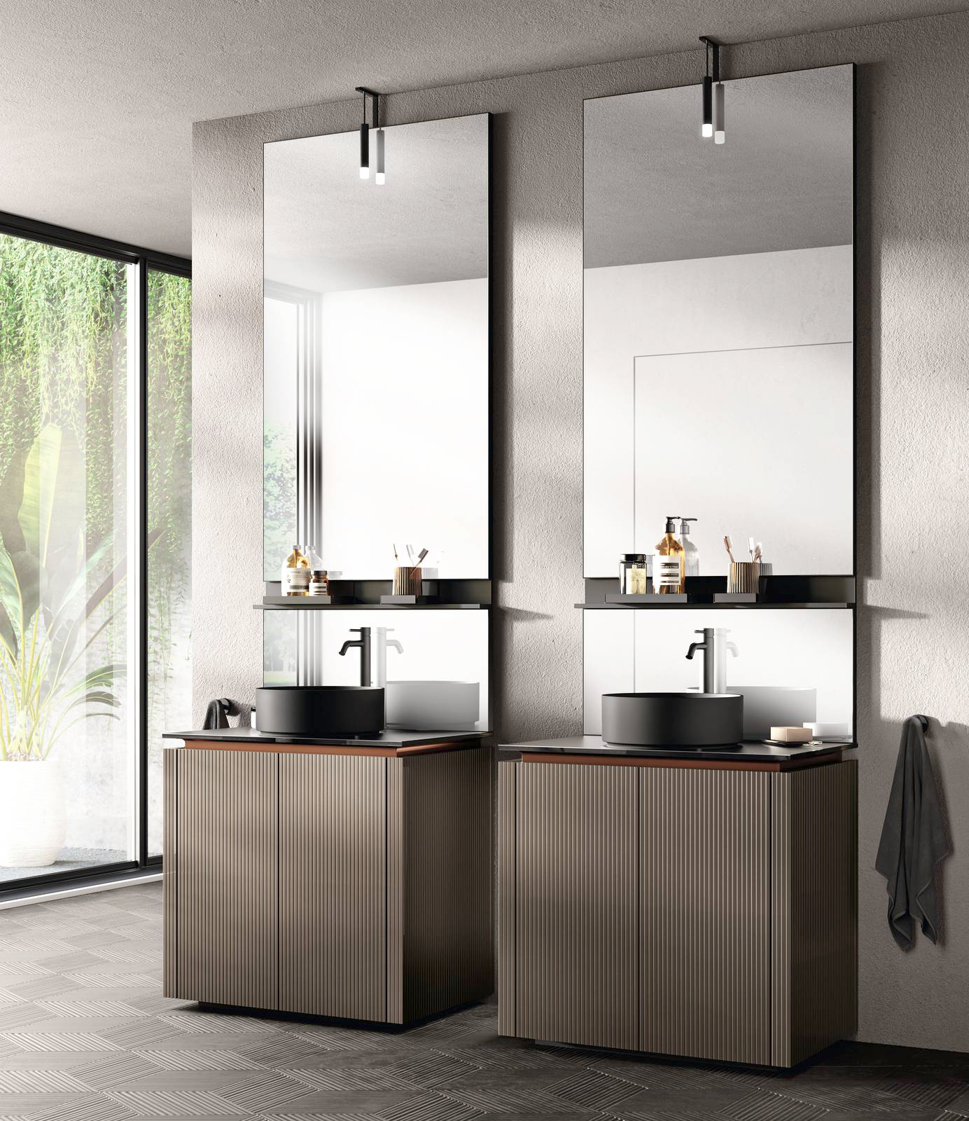 Lido di Scavolini è la collezione design Vuesse di arredo bagno, in foto la coppia di basi con ante in Laccato con effetto perlato dogato lucido Cuvèe, la gola laccata opaca Ruggine ed il lavabo Elm prodotto in Minerlsolid di colore nero in appoggio, abbinato alle specchiere Ikon con profili Neri e alle barre porta accessori in alluminio verniciato Nero, le due basi misurano L 70/82 con coprifianchi x P 50 x H 75 cm ed il prezzo è su richiesta, www.scavolini.com Lido di Scavolini è la collezione design Vuesse di arredo bagno, in foto la coppia di basi con ante in Laccato con effetto perlato dogato lucido Cuvèe, la gola laccata opaca Ruggine ed il lavabo Elm prodotto in Minerlsolid di colore nero in appoggio, abbinato alle specchiere Ikon con profili Neri e alle barre porta accessori in alluminio verniciato Nero, le due basi misurano L 70/82 con coprifianchi x P 50 x H 75 cm ed il prezzo è su richiesta, www.scavolini.com