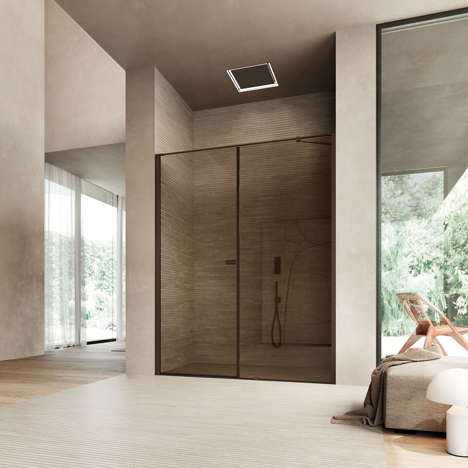 Link di Vismaravetro è una cabina doccia semi intelaiata ad anta battente con un singolo profilo che unisce le funzionalità di regolazione e apertura. Il profilo funge da cerniera grazie alla capacità di ruotare su un perno dotato di movimento saliscendi. Le guarnizioni magnetiche sono inserite in un profilo applicato sulla sezione del vetro, per un effetto di ingombro minimo, così come la maniglia incastonata in un recesso del vetro della porta.
Il risultato è un box doccia di estremo rigore, in cui le linee scorrono indisturbate anche grazie alla completa assenza di viti a vista e relativi coprivite. In foto con cristallo bronzo e profili moka. www.vismaravetro.it - Salone del Mobile, padiglione 10, stand 23.