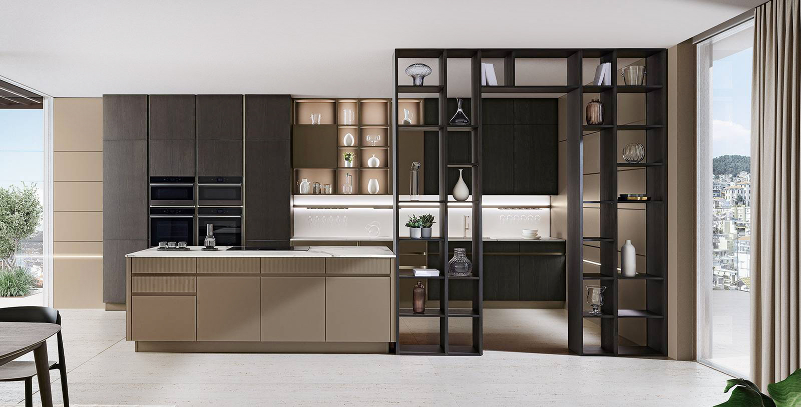 Ante in Vetro Cappuccino Liscio e Cannettato per la composizione Iconica di Veneta Cucine che è caratterizzata dalla presenza di un'isola centrale e della ariosa scaffalatura laterale Living, che mette in comunicazione la zona operativa e la zona giorno, declinata nella finitura Frassino Scuro come le ante delle colonne e dei pensili. Prezzo su richiesta. www.venetacucine.com Ante in Vetro Cappuccino Liscio e Cannettato per la composizione Iconica di Veneta Cucine che è caratterizzata dalla presenza di un'isola centrale e della ariosa scaffalatura laterale Living, che mette in comunicazione la zona operativa e la zona giorno, declinata nella finitura Frassino Scuro come le ante delle colonne e dei pensili. Prezzo su richiesta. www.venetacucine.com