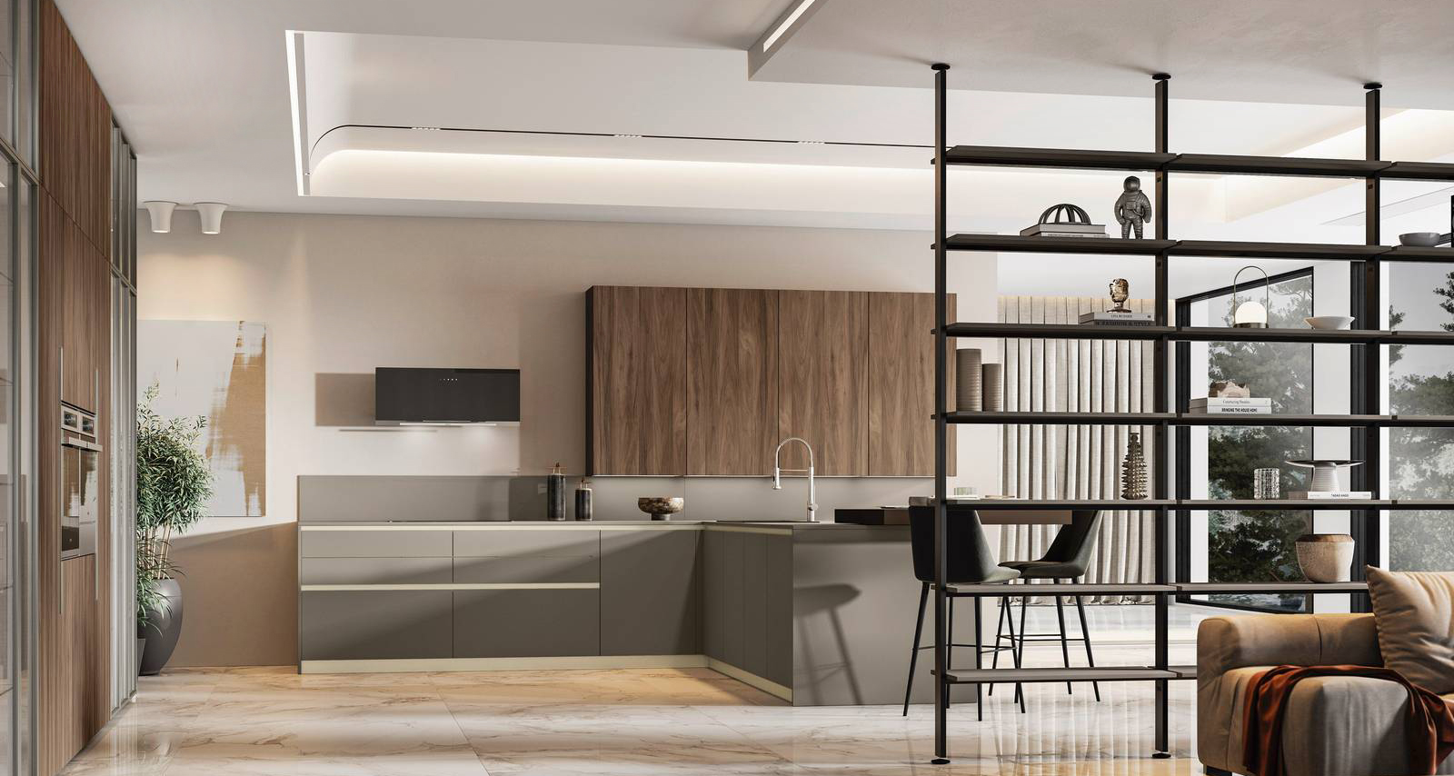 La libreria attrezzata a tutta altezza, con la struttura in alluminio Vertical Line nella finitura ghisa con mensole in laminato Fenix Grigio Londra, permette  alla zona operativa Loft 2.2 di Arrex Le Cucine di dialogare con il soggiorno. L'elemento centrale  L, con le basi in Fenix Grigio Londra, è dotato di un piano snack scorrevole in Fenix Cacao Orinoco; le colonne e i pensili sono dotati di ante nella finitura Noce Avana. Un modulo base da 60 m, prezzo 253 euro + Iva. www.arrex.it La libreria attrezzata a tutta altezza, con la struttura in alluminio Vertical Line nella finitura ghisa con mensole in laminato Fenix Grigio Londra, permette  alla zona operativa Loft 2.2 di Arrex Le Cucine di dialogare con il soggiorno. L'elemento centrale  L, con le basi in Fenix Grigio Londra, è dotato di un piano snack scorrevole in Fenix Cacao Orinoco; le colonne e i pensili sono dotati di ante nella finitura Noce Avana. Un modulo base da 60 m, prezzo 253 euro + Iva. www.arrex.it