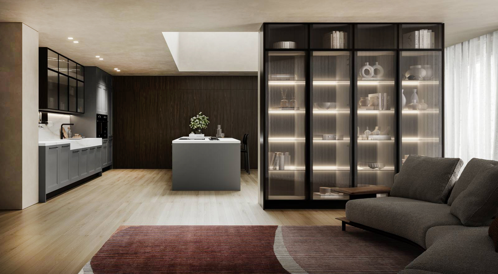 La composizione a penisola Meg di Arredo3 è caratterizzata dalla presenza delle colonne vetrina Teca con struttura in alluminio e vetri millerighe trasparenti, effetto vedo-non-vedo, che danno vita ad una sorta di separé tra il salotto e la cucina. Le ante a telaio delle basi e delle colonne laterali sono realizzate in resistente polimerico lavagna matt; il top e lo schienale sono in lastre ceramiche ecosostenibili Abitum Lincoln Oro, con una soluzione ad altezza maggiorata nell’area lavaggio. Prezzo su richiesta. www.arredo3.it La composizione a penisola Meg di Arredo3 è caratterizzata dalla presenza delle colonne vetrina Teca con struttura in alluminio e vetri millerighe trasparenti, effetto vedo-non-vedo, che danno vita ad una sorta di separé tra il salotto e la cucina. Le ante a telaio delle basi e delle colonne laterali sono realizzate in resistente polimerico lavagna matt; il top e lo schienale sono in lastre ceramiche ecosostenibili Abitum Lincoln Oro, con una soluzione ad altezza maggiorata nell’area lavaggio. Prezzo su richiesta. www.arredo3.it