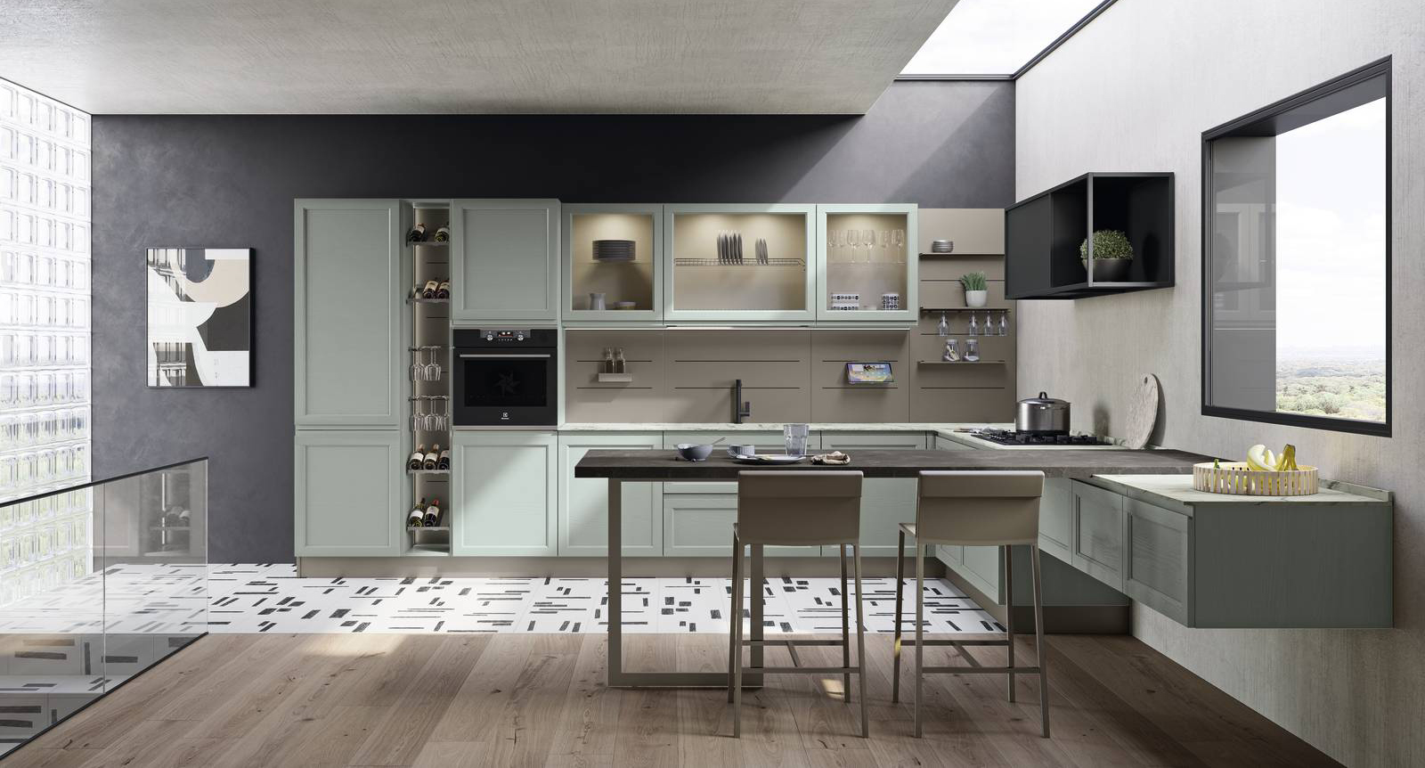 Il bancone snack penisola separa la zona operativa della cucina Selma di CREO Kitchens dal living arredato con basi sospese coordinate. Le ante a telaio sono realizzate in legno massello di frassino laccato poro aperto in una fresca e luminosa tonalità di verde fiordo. I pensili con le ante a vetri alleggeriscono la composizione. Un modulo base da 60 cm senza top, prezzo 364 euro + Iva. www.creokitchens.it Il bancone snack penisola separa la zona operativa della cucina Selma di CREO Kitchens dal living arredato con basi sospese coordinate. Le ante a telaio sono realizzate in legno massello di frassino laccato poro aperto in una fresca e luminosa tonalità di verde fiordo. I pensili con le ante a vetri alleggeriscono la composizione. Un modulo base da 60 cm senza top, prezzo 364 euro + Iva. www.creokitchens.it