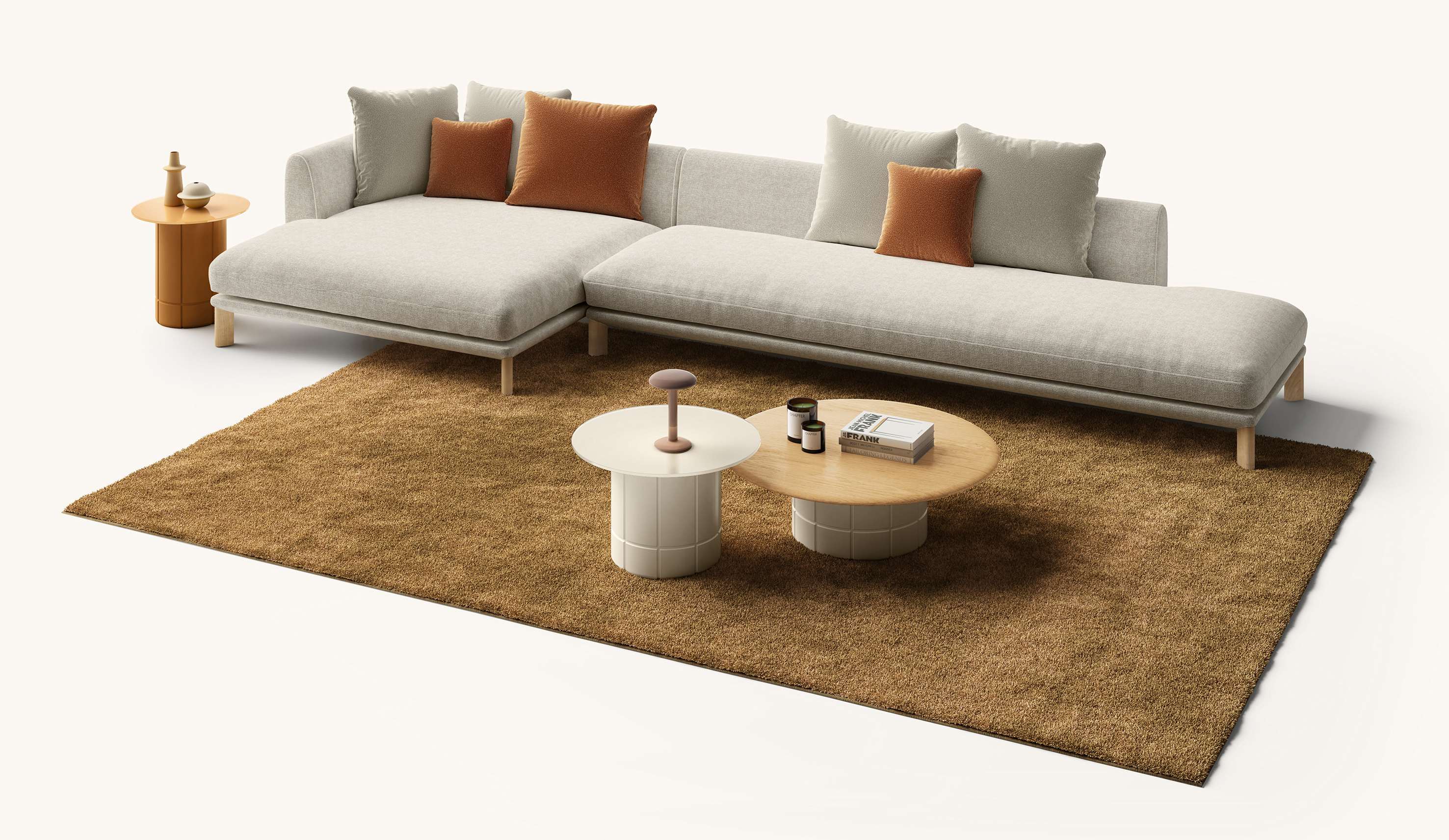 Il divano componibile Altana della collezione Venezia di Lago si ispira alle tipiche terrazze dei tetti di Venezia, dette appunto altane, e ha una forma leggera e lineare. È caratterizzato da cuscini morbidi rivestiti in tessuto chiaro e da gambe in legno chiaro che aggiungono un tocco materico. Misura L 425,5 x P 155,5 x H 72 cm. https://www.lago.it - Salone del Mobile, padiglione 24, stand E11-F06.