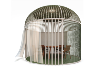 Il gazebo Fess di Yaaz rilegge in chiave contemporanea i modelli del passato. La struttura in alluminio, leggera e robusta, dà vita ad una zona privata e ad un'oasi protetta dai raggi del sole. È previsto un punto luce centrale per permettere l’inserimento di una lampada e/o di un ventilatore; inoltre, è smontabile e divisibile in tre parti. Misura Ø 3,5 x H 3,5 metri. https://www.yaaz.com - Salone del Mobile padiglione 03, stand F22.