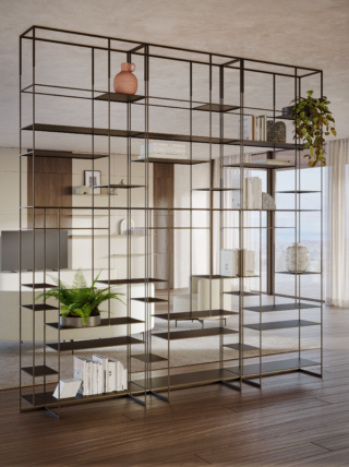 La libreria terra-cielo Levia Didier di Ronda design permette di separare due ambienti lasciando passare la luce; la struttura, alta e slanciata, è realizzata in in metallo verniciato a polveri in diverse varianti di colore con profili a sezione quadrata. I ripiani, regolabili in altezza e disposti asimmetricamente, si trasformano in un elemento decorativo. Misura L 90 x P 32 x H 240/261,8 cm.  https://rondadesign.it - Salone del Mobile, padiglione 5, stand A16.