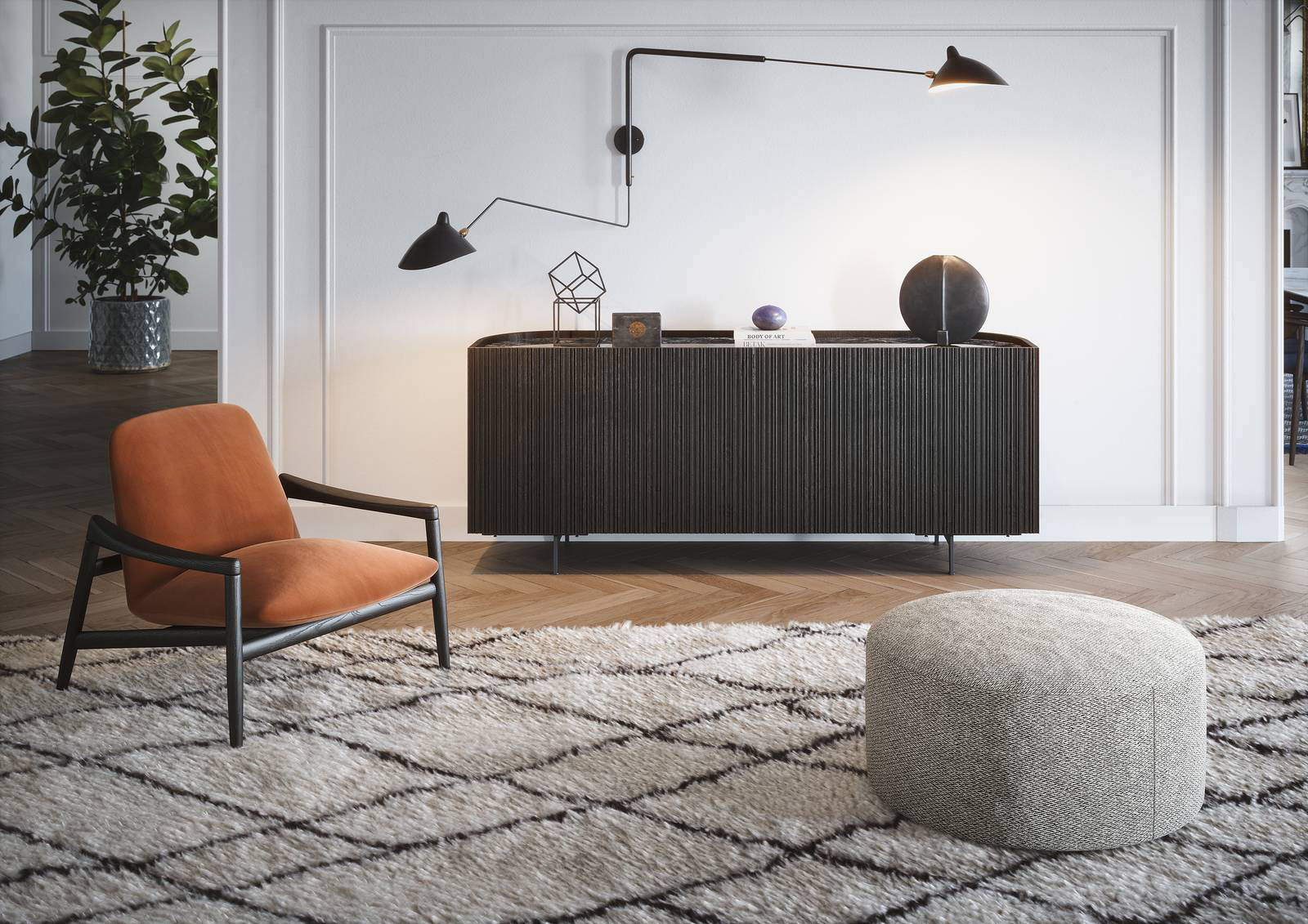 La madia Bay di Novamobili ha un inusuale profilo curvo nella parte posteriore che crea un contrasto con quello lineare del fronte; le ante dogate sono in impiallacciato di rovere e noce canaletto. Il top è disponibile in impiallacciato, in laccato opaco e ossidato, in light stone e in cuoio. Misura L 160/200 x P 95 x H 80/129,5 cm. https://www.novamobili.it - Fuorisalone, Flagship Store Novamobili, Via Melchiorre Gioia 6/8, Milano