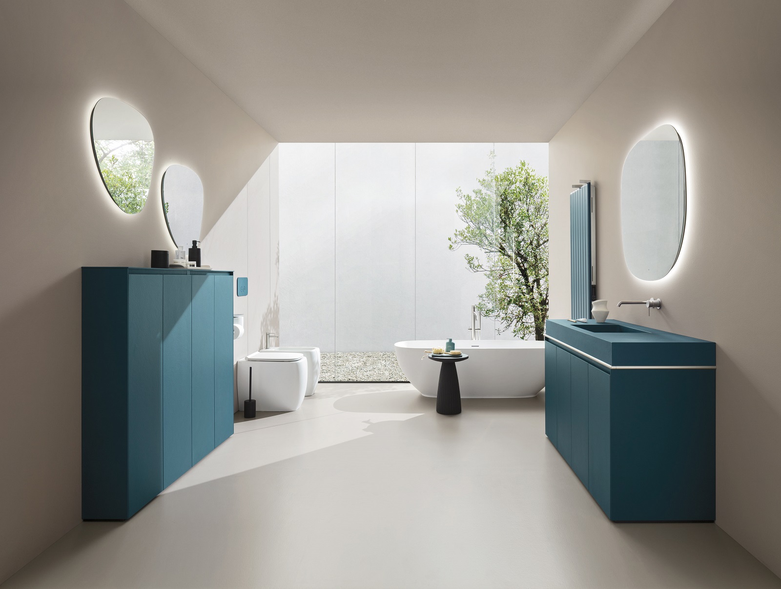 Il mobile bagno Pietrablu di Arblu si contraddistingue per la superficie texturizzata materica che riveste frontali, fianchi, maniglie, complementi come le colonne e i pensili, e accessori come porta salviette, mensole, appendino, colonna a giorno, placca wc e portarotolo e specchiera. Mobile e accessori sono disponibili in tutti i 47 colori a catalogo Arblu, comprese le tre nuove nuance Paprika, Rosso Pompei e Blu Profondo, e nelle cinque texture Juta, Trendy, Well, Woody e Easystone. www.arblu.it - Fuorisalone, Brera, Showroom MetroQuality, Via Solferino 24, Milano.