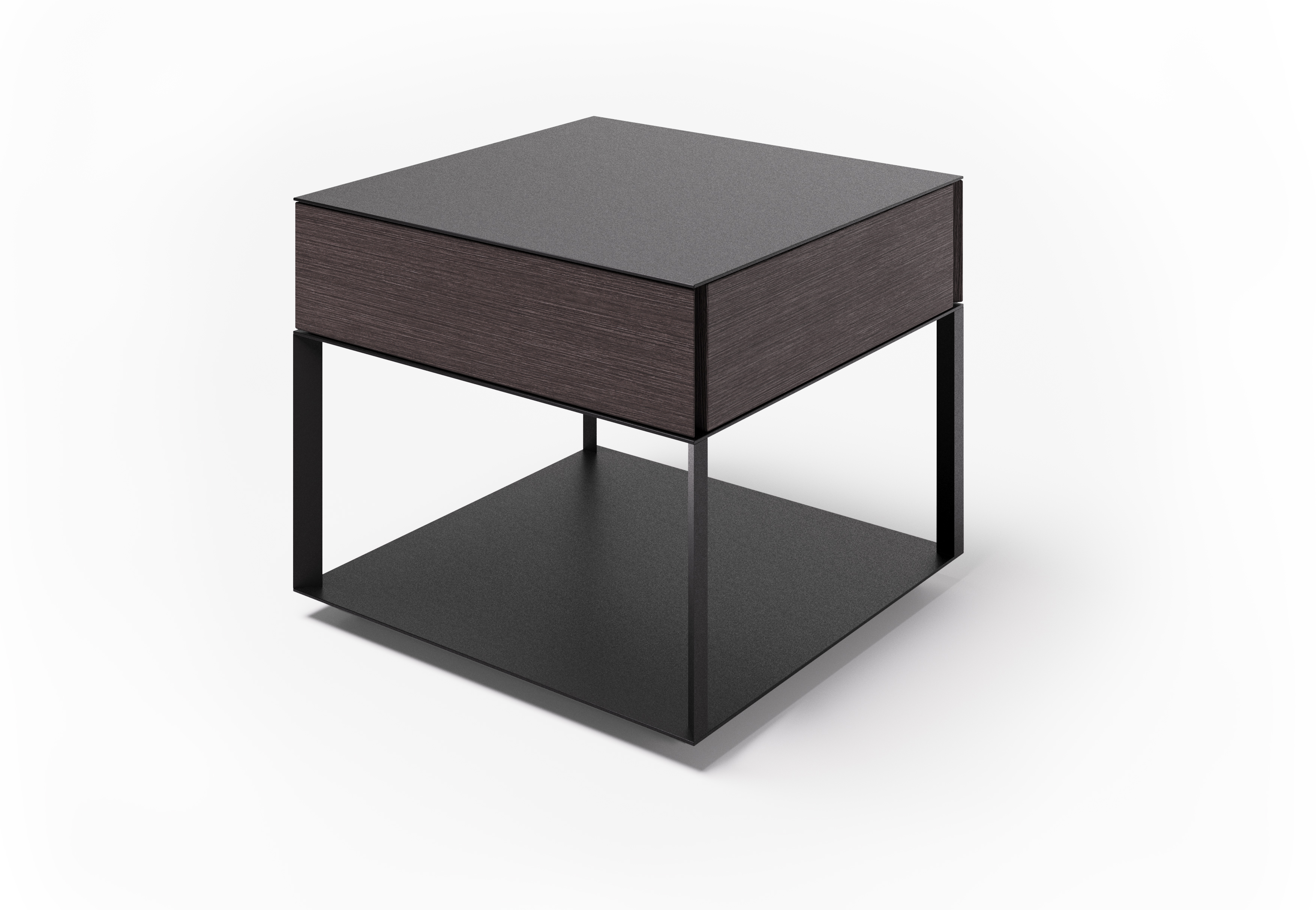 Una forma quadrata per il mobiletto contenitore Halfsquare di Living Divani che può essere usato come comodino; ha un telaio metallico leggero e un cassetto discreto, dissimulato dalla superficie esterna. https://livingdivani.it - Salone del Mobile padiglione 11, stand C15-D16.