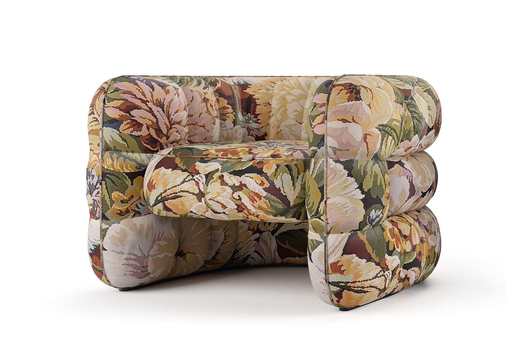 La poltrona Quiltana di Etro Home Interiors è completamente rivestita in tessuto Gobelin, con una raffinata fantasia floreale nelle tonalità pastello dal fascino vintage, impreziosita da una lavorazione trapuntata; la forma è morbida e avvolgente. Misura L 89 x P 77 x H 63 cm.  https://etrohomeinteriors.onirogroup.it - Salone del Mobile, padiglione 15, stand A11.