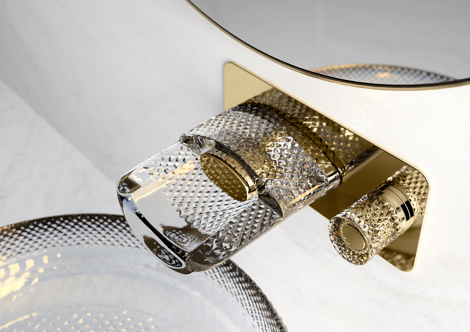 Sono vere e proprie opere d’arte i rubinetti da parete in cristallo CWF di Glass Design. La bocca erogatrice, realizzata interamente in cristallo trasparente molato
a mano con mole a pietra, è montata su una piastra rettangolare in metallo disponibile nelle finiture Chrome, Gold e Satin Gold. Sono realizzati nella versione Mono, con manopola in cristallo a comando progressivo coordinata, e nella versione Double, con doppia manopola in cristallo coordinata. Sono disponibili in cinque diverse tipologie di lavorazione: Ramada (in foto) con motivi geometrici romboidali, Ice con una lavorazione che ricorda una scultura di ghiaccio, Clivia con semplici ed eleganti scanalature verticali, Sole con una lavorazione che si ispira ai raggi solari e Slick con cristallo puro e liscio. I componenti in metallo sono prodotti in ottone CW617N certificato. Mono misura L 23,8 x P 15,7 x H 11 cm, Double misura L 34,8 x P 15,7 x H 11 cm. www.glassdesign.it – Salone del Mobile, padiglione 10, stand C07.