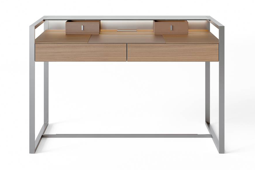 Lo scrittoio Rialto di Rimadesio, design Giuseppe Bavuso, risulta leggero e con un effetto “sospeso” grazie all' elemento a ponte in alluminio estruso e saldato che sorregge i contenitori centrali e il piano in noce. La struttura in alluminio è disponibile in 46 colori Ecolorsystem, mentre il top è in vetro grigio. https://www.rimadesio.it - Fuorisalone, Rimadesio Showroom, Via Visconti di Modrone 26, Milano