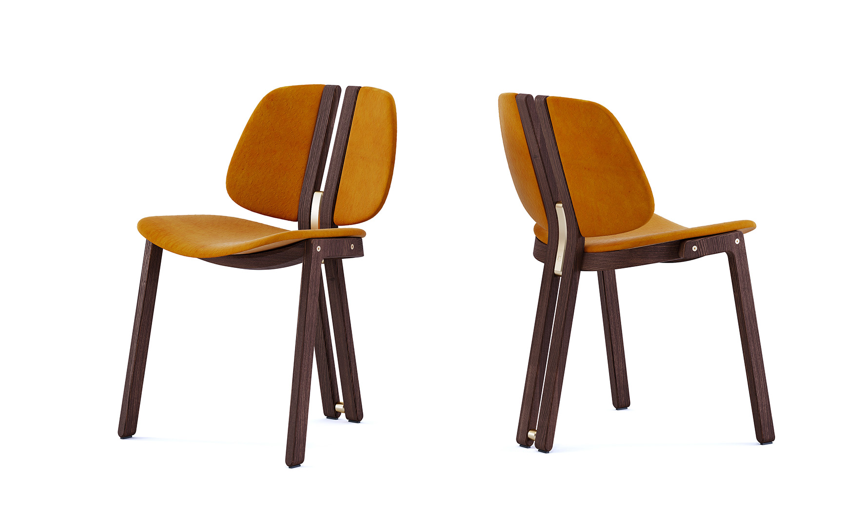 Fa parte della Collezione Acquerello la sedia Giano di Paolo Castelli che ha una struttura in legno di frassino tinto Noce, caratterizzata da due gambe posteriori che si incontrano nella sezione centrale e si prolungano verso lo schienale. È impreziosita da una serie di dettagli in metallo nella finitura ottone; la seduta e lo schienale sono imbottiti e rivestiti in tessuto. https://www.paolocastelli.com - Salone del Mobile, padiglione 9, stand H02-H06.