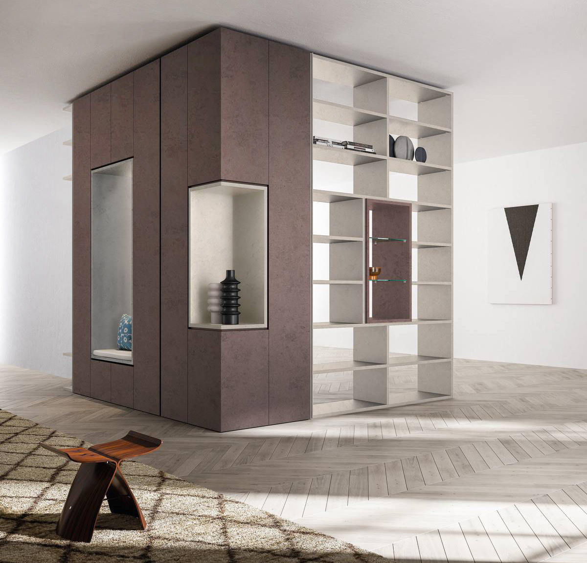 Una nuova finitura per il sistema a spalla componibile Freespace di Zalf che è chiuso dalle ante Plana push&pull nella finitura TSS (Thermo Structured Surface) Opus mattone, un materiale robusto, antigraffio e di facile pulizia. La composizione è dotata di tre nicchie con ripiani in vetro e di una libreria nella finitura Opus calce. Misura L 270,2 x P 270,2 x H 296 cm.  https://www.zalf.com - Fuorisalone, Brera Contract, Foro Buonaparte 57, Milano