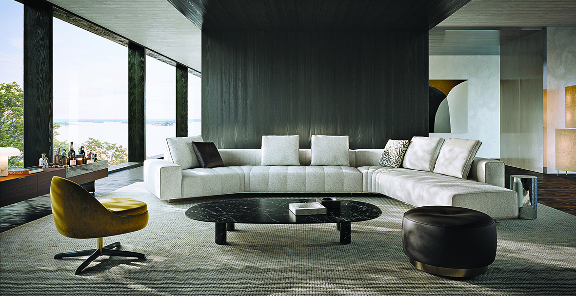 Il sistema di sedute modulari Goodman di Minotti si arricchisce di nuovi moduli inclinati e curvilinei, con bracciolo più basso rispetto allo schienale, che permettono di dare vita a composizioni con ampiezze da 30, 75, 90 gradi. Le sedute monoblocco, accoglienti e morbide, sono sospese da terra mediante piedini arretrati in metallo color Bronzo o Cromo Lucido e sono impreziosita da dettagli sartoriali. https://www.minotti.com - Salone del Mobile, padiglione 11, stand E15-G12-G16-E27-G22.