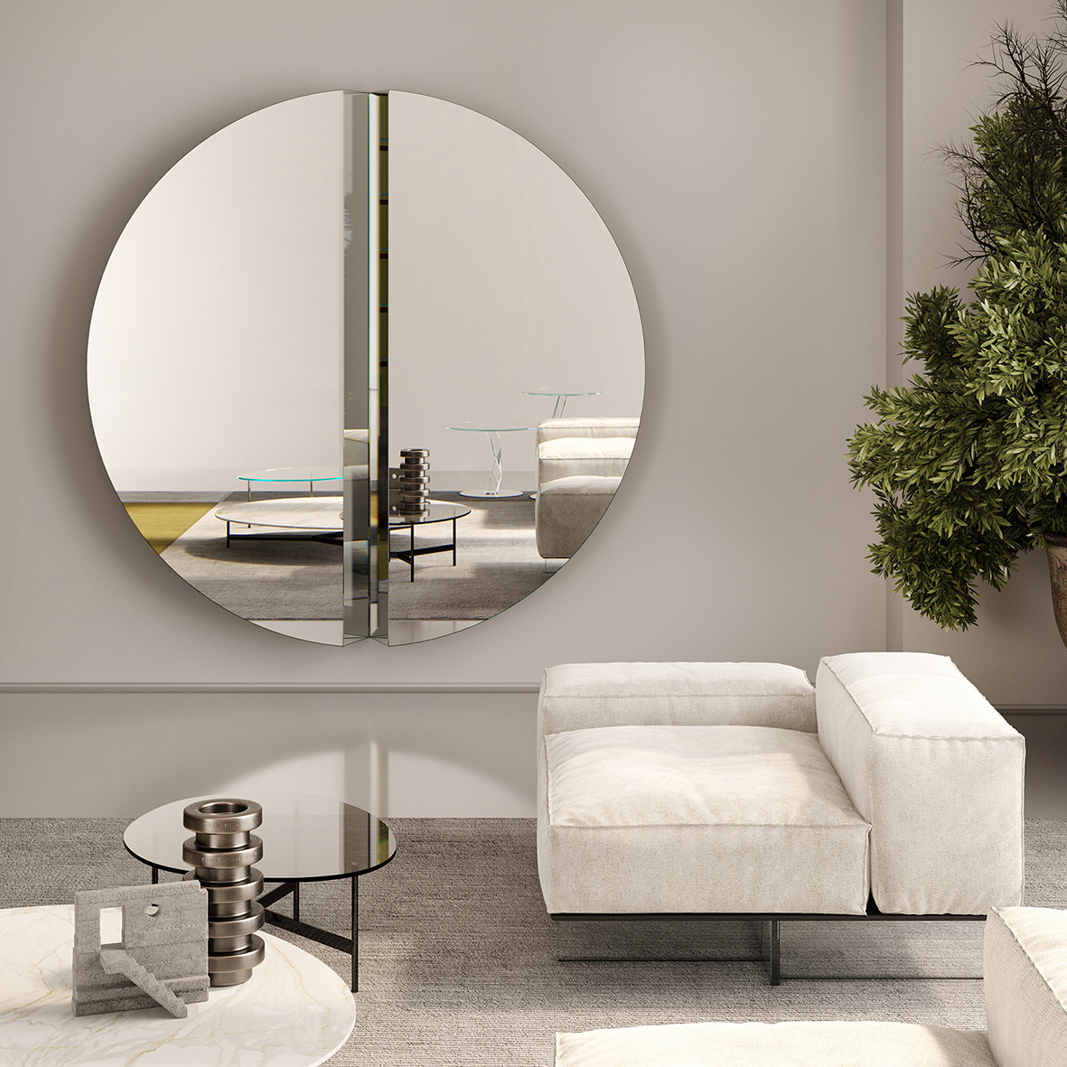 Lo specchio Split di Tonelli Design è reso speciale dalla presenza di un taglio verticale centrale al cui interno trovano posto due superfici specchiate inclinate riflettono lo spazio circostante e si riflettono tra loro, creando un gioco dinamico di riflessioni che si moltiplicano. L'assenza di cornici e le proporzioni lo trasformano in un elemento grafico che può essere posizionato sia in contesti moderni, si in quelli più classici e tradizionali. https://tonellidesign.it - Salone del Mobile, padiglione 24, stand L12.