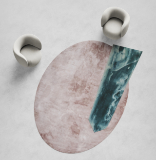 Il tappeto Gem Rugs di Illulian è caratterizzato dal disegno di due sagome che ricordano le pietre dure e che sembrano sovrapporsi  grazie all’effetto ottico dato dalle diverse altezze del tessuto, una tecnica resa possibile grazie alla grande maestria artigiana: è composto da un morbido ovale rosa cipria sul quale si innesta un prisma verde petrolio. Può essere posizionato sia a centro stanza sia lungo una parete. https://www.illulian.com - Salone del Mobile, padiglione 15, stand D18-D20.