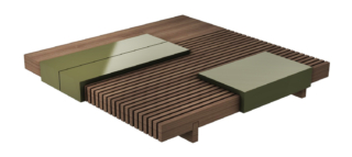 Il tavolino basso Raft di Nube ha il piano quadrato composto da doghe in legno e da elementi in laccato lucido che danno vita ad una superficie decorativa. https://www.nubeitalia.com - Salone del Mobile, padiglione 18, stand B07.