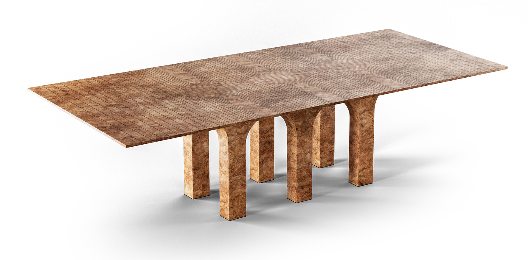 Il grande tavolo Archi di Fratelli Boffi ha un aspetto monumentale sottolineato dalla base composta da sei gambe che disegnano una serie di archi che si rifanno alle forme classiche. È completamente rivestito in radica di rovere intarsiata; il piano rettangolare è impreziosito da un intarsio lavorato a martello termotrattato scuro che riproduce in bidimensione il disegno della base architettonica. https://www.fratelliboffi.it - Salone del Mobile, padiglione 13, stand C10.