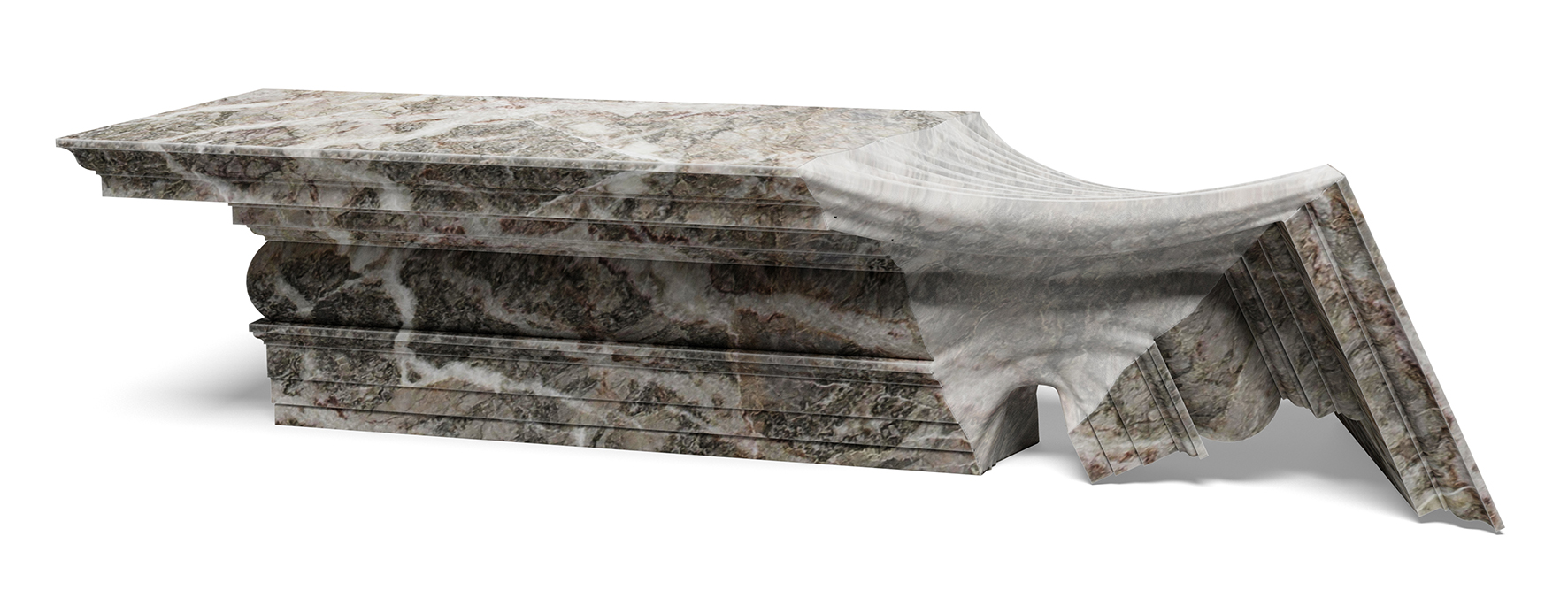 Fa parte della nuova collezione Frammenti di Margraf, che si ispira agli antichi elementi lapidei,     il tavolo dalla forma scultorea interamente realizzato in Fior di Pesco Carnico, un marmo con variazioni cromatiche dal bianco al grigio al rosa chiaro. La produziuone avviene coniugando tecnologie all'avanguardia, come come processi di modellazione digitale 3d e fresatura robotica, a tecniche artigianali come la rifinitura manuale dei dettagli. Misura L 310 x P 115 x H 76 cm. https://www.margraf.it/it - Salone del Mobile padiglione 18, stand E08.