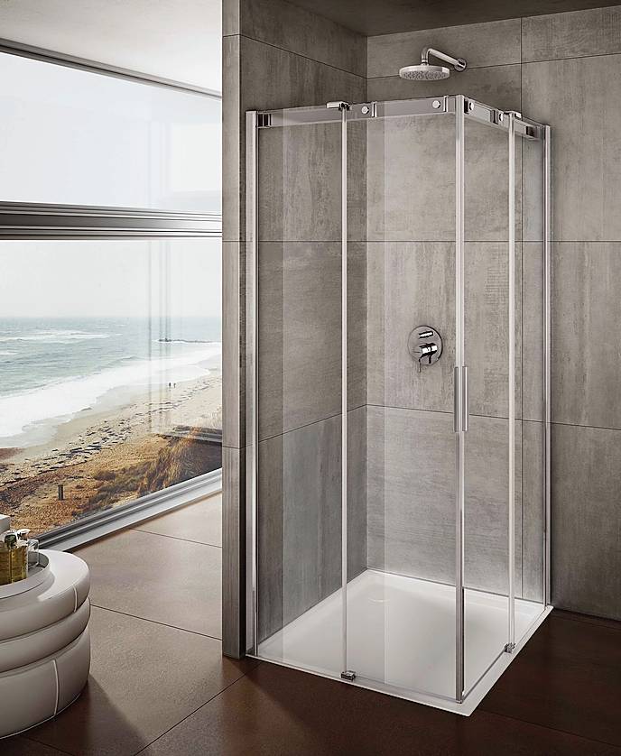 Soft AS di Provex ha porte scorrevoli soft close in vetro temperato 8 mm. Misura L 80 x P 80 x H 200 cm e costa 2.795 euro. www.provex.eu