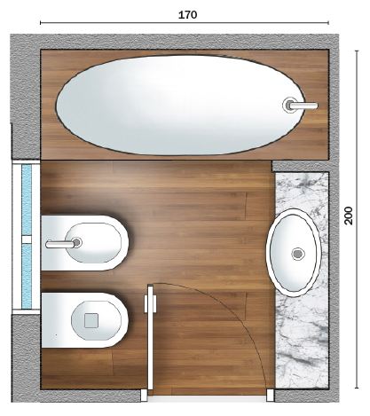 La porta a battente nasconde i sanitari. Il piano d'appoggio allungato amplia la prospettiva e allunga visivamente l'ambiente.  Finiture pregiate - come parquet a pavimento e gres effetto pietra alle pareti - per un mood raffinato ed elegante.