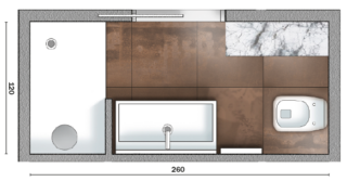 La porta scorrevole lascia spazio d'azione davanti al lavabo. Doccia all'estremità, a tutta larghezza: comoda e compatta
