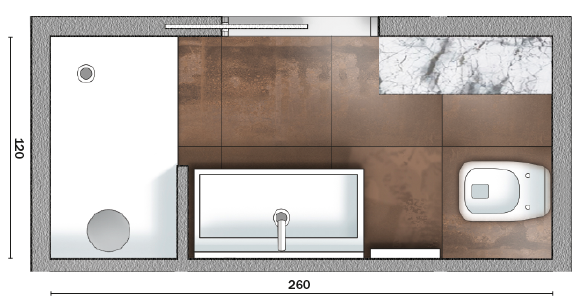 La porta scorrevole lascia spazio d'azione davanti al lavabo. Doccia all'estremità, a tutta larghezza: comoda e compatta