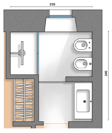 Il lavabo all'ingresso sembra un ambiente a sé. Sanitari e doccia risultano protetti alla vista e separati. Anche nel piccolo, le irregolarità architettoniche si trasformano da vincoli   in occasioni per organizzare e contenere.