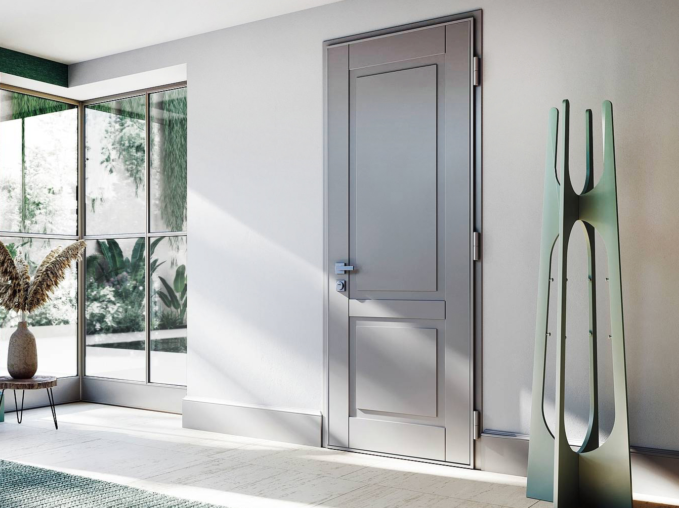 Solid di Bertolotto ha la struttura del battente di acciaio 15/10 ed è coibentata. Per la sicurezza include 2 omega di rinforzo verticali, serratura a ingranaggi comandata da cilindro a profilo europeo con codolo, protezione antitrapano e antitubo, doppio deviatore superiore e inferiore, 5 rostri fissi antistrappo e antitaglio (rotanti) dal lato delle cerniere (registrabili in orizzontale e in verticale), spioncino grandangolare. Pomolo esterno e maniglia interna sono disponibili di serie in finitura argento o bronzo, se dalla linea arrotondata, o argento, se quadra. Prezzo su preventivo. www.bertolotto.com