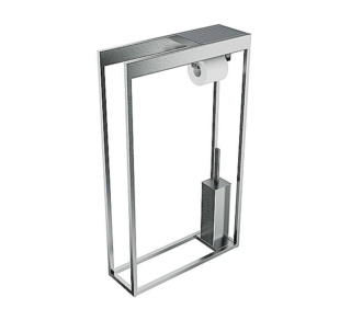 La piantana con portarotolo e portascopino di Inda in acciaio inox spazzolato misura L 50 x P 16 x H 85 cm e costa 586 euro. www.inda.net