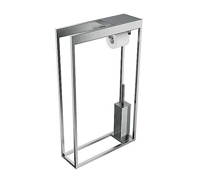 La piantana con portarotolo e portascopino di Inda in acciaio inox spazzolato misura L 50 x P 16 x H 85 cm e costa 586 euro. www.inda.net