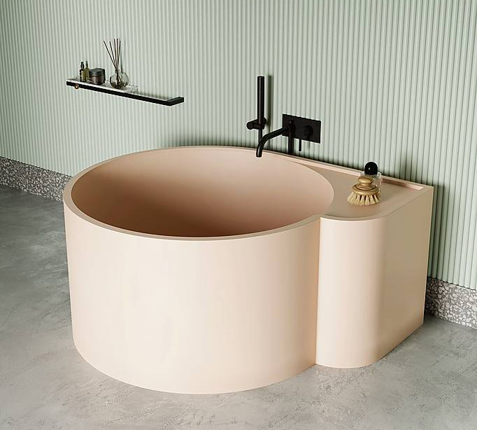 Nouveau di Ex.t la vasca in LivingTec, performante e piacevole al tatto, misura L 130 x P 110 x H 62 cm e costa 8.871 euro in bianco e 13.124 euro in rosa cipria, Iva esclusa. www.ex-t.com