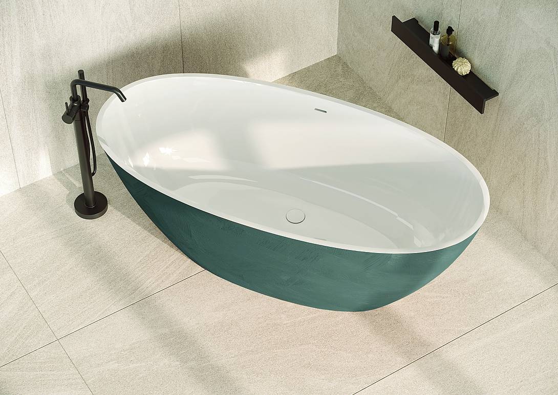 Ovale e con misure contenute, anche la vasca trova postoIn Novotech con effetto soft touch, Sand di Novellini in finitura argilla alga con interno bianco opaco, da L 167 x P 81 x H 61 cm costa 4.380 euro. www.novellini.it