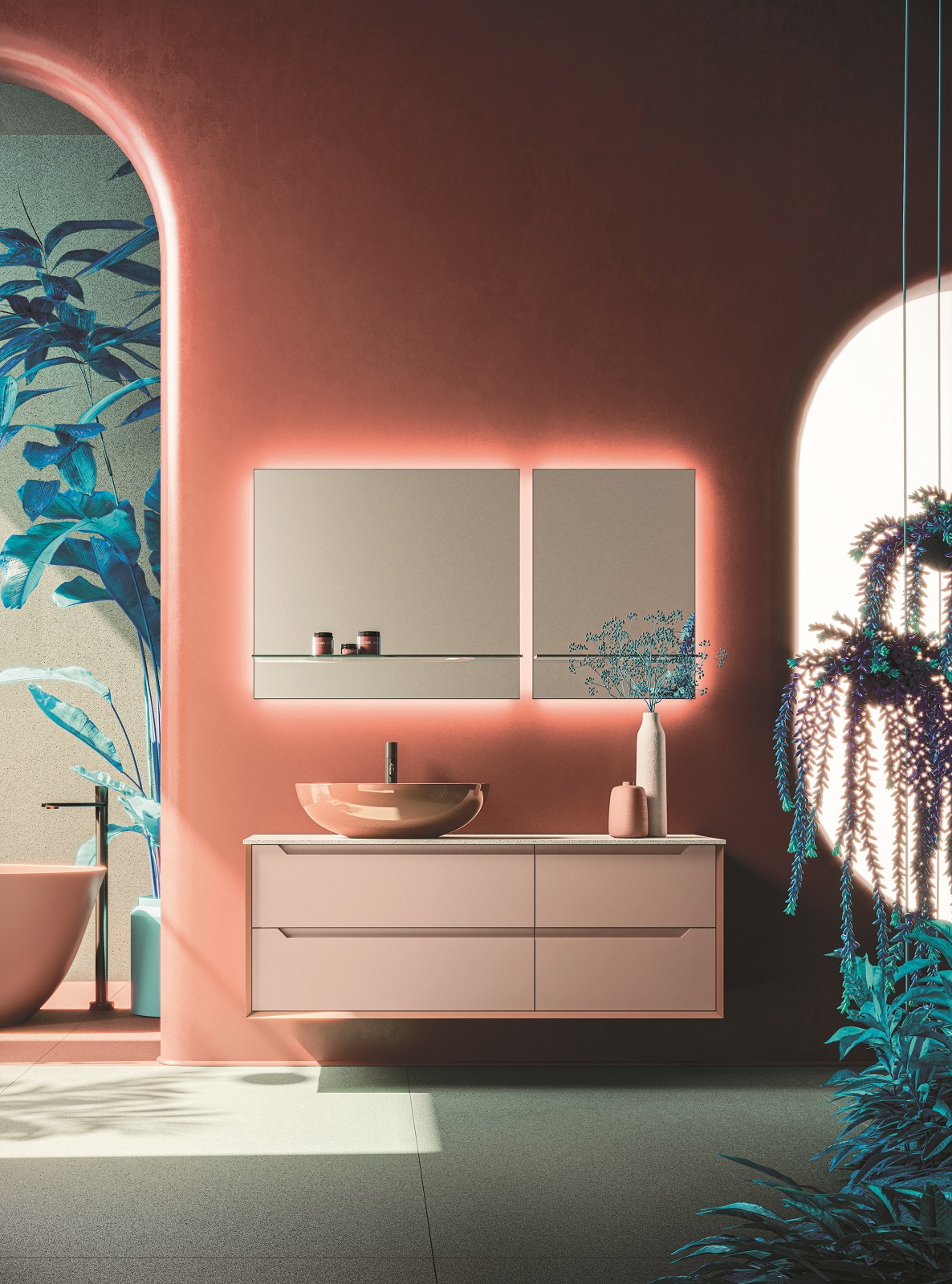 Fa parte della composizione Master #09 di Arbi Arredobagno il mobile lavabo sospeso con maniglia integrata su cui poggia il lavabo. Ha frontale in laccato Blush e struttura in laccato Tan Pink opaco abbinata al piano top in Gres Iris Seminato Candido. Misura L 140,5 x P 50,5 cm. Prezzo su richiesta. www.arbiarredobagno.it Fa parte della composizione Master #09 di Arbi Arredobagno il mobile lavabo sospeso con maniglia integrata su cui poggia il lavabo. Ha frontale in laccato Blush e struttura in laccato Tan Pink opaco abbinata al piano top in Gres Iris Seminato Candido. Misura L 140,5 x P 50,5 cm. Prezzo su richiesta. www.arbiarredobagno.it