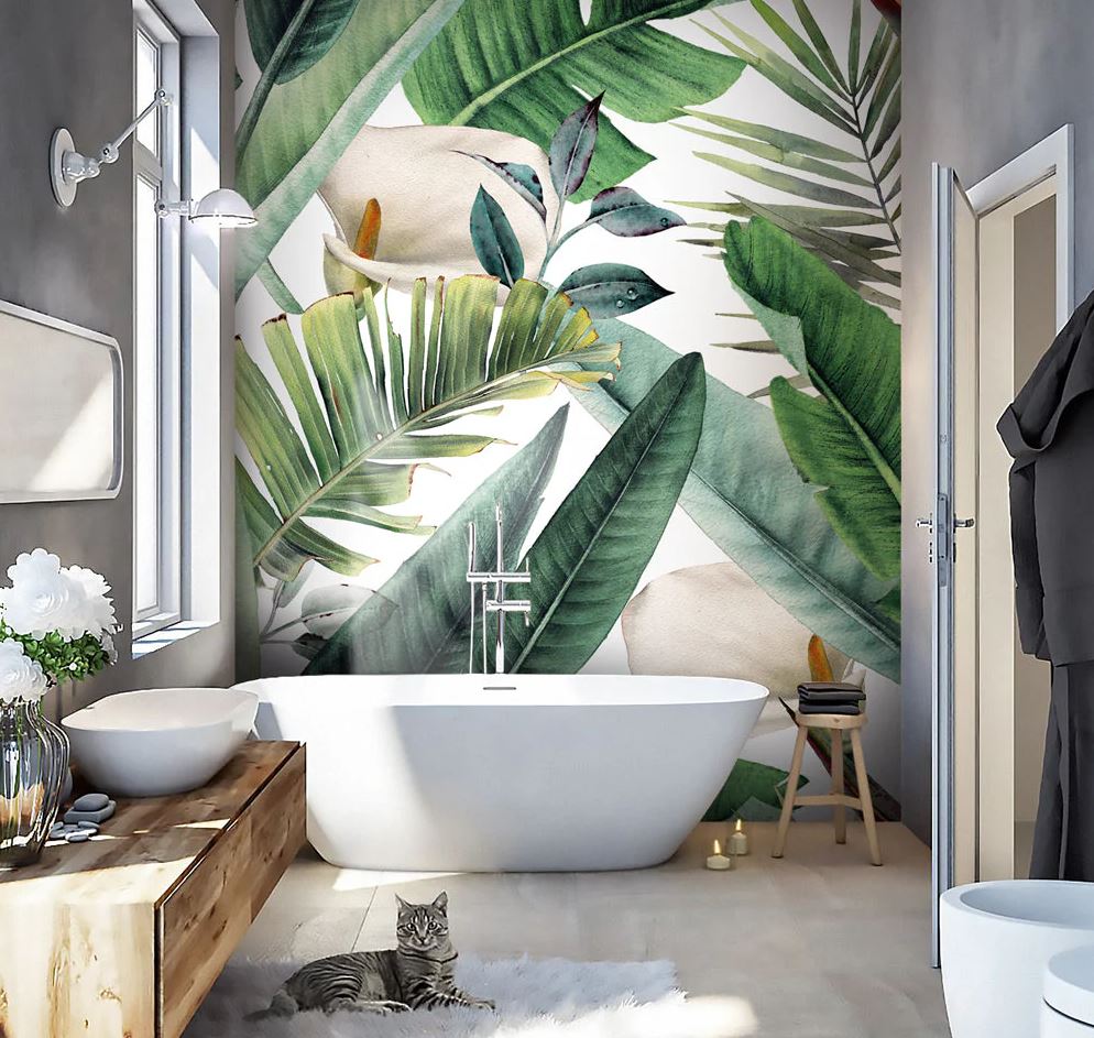 Trasforma il bagno in un'oasi di relax la carta da parati in 100% fibra di vetro Giardino di calle in vendita su Wallpaperdream.com: è completamente decorata da un trionfo di foglie verdi di forme e dimensioni diverse. È disponibile in cinque formati diversi. Misura da L 95 x H 300 cm. Prezzo da  195,94 euro. www.wallpaperdream.com Trasforma il bagno in un'oasi di relax la carta da parati in 100% fibra di vetro Giardino di calle in vendita su Wallpaperdream.com: è completamente decorata da un trionfo di foglie verdi di forme e dimensioni diverse. È disponibile in cinque formati diversi. Misura da L 95 x H 300 cm. Prezzo da  195,94 euro. www.wallpaperdream.com