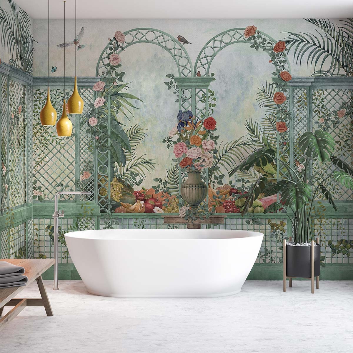 Trasforma il bagno in un giardino segreto la carta da parati panoramica Treillage di Coordonné su Etoffe.com che è illustrata pittoricamente con un romantico gazebo, con tralicci nei toni del verde impreziosito da fiori e rampicanti, che si rifà ai decori barocchi; è realizzata in tessuto non tessuto. Il pannello misura L 400 x H 280 cm. Prezzo da 63,50 euro al mq. www.etoffe.com Trasforma il bagno in un giardino segreto la carta da parati panoramica Treillage di Coordonné su Etoffe.com che è illustrata pittoricamente con un romantico gazebo, con tralicci nei toni del verde impreziosito da fiori e rampicanti, che si rifà ai decori barocchi; è realizzata in tessuto non tessuto. Il pannello misura L 400 x H 280 cm. Prezzo da 63,50 euro al mq. www.etoffe.com