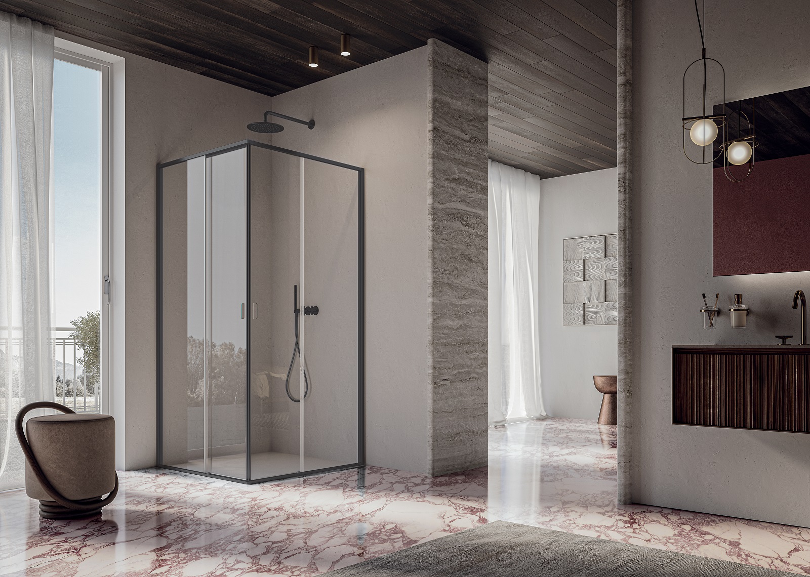 Il box doccia ad angolo Indissima di Inda con porta scorrevole sinistra ha finitura Gun Metal spazzolato. La composizione in foto misura L 89,5 x P 89,5 x H 200 cm. Prezzo 1.258 euro. www.inda.net Il box doccia ad angolo Indissima di Inda con porta scorrevole sinistra ha finitura Gun Metal spazzolato. La composizione in foto misura L 89,5 x P 89,5 x H 200 cm. Prezzo 1.258 euro. www.inda.net