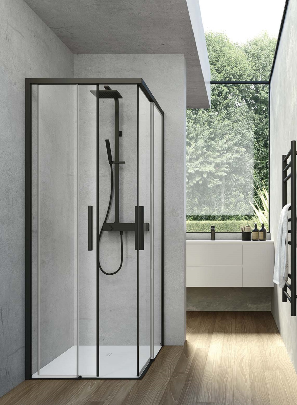 È dotato di profili in alluminio Nero Opaco il box doccia Time di Hafro by Gruppo Geromin.  Time è un sistema personalizzabile che può essere installato a nicchia o ad angolo realizzabile in varie dimensioni, anche su misura. Nella foto è a chiusura ad angolo con due lati scorrevoli. Misura L 100 x P 80 cm. Prezzo su richiesta. http://www.gruppogeromin.com È dotato di profili in alluminio Nero Opaco il box doccia Time di Hafro by Gruppo Geromin.  Time è un sistema personalizzabile che può essere installato a nicchia o ad angolo realizzabile in varie dimensioni, anche su misura. Nella foto è a chiusura ad angolo con due lati scorrevoli. Misura L 100 x P 80 cm. Prezzo su richiesta. http://www.gruppogeromin.com