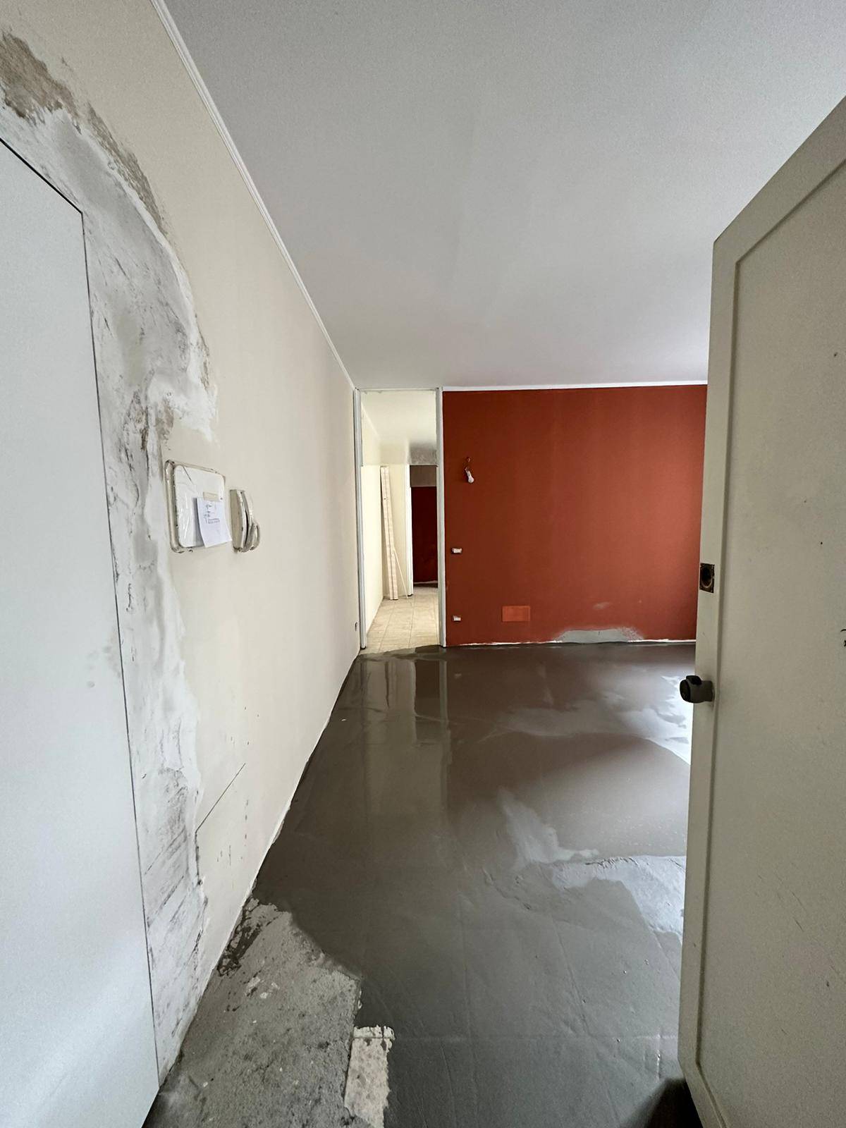 Il secondo passaggio è stato quello della stesura della livellina su tutta la superficie prima della posa del nuovo parquet. Il secondo passaggio è stato quello della stesura della livellina su tutta la superficie prima della posa del nuovo parquet.