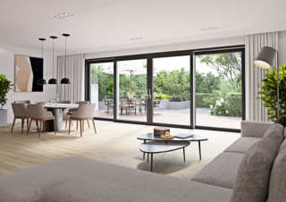 Interno con grande portafinestra scorrevole panoramica  in PVC, HST di WnD