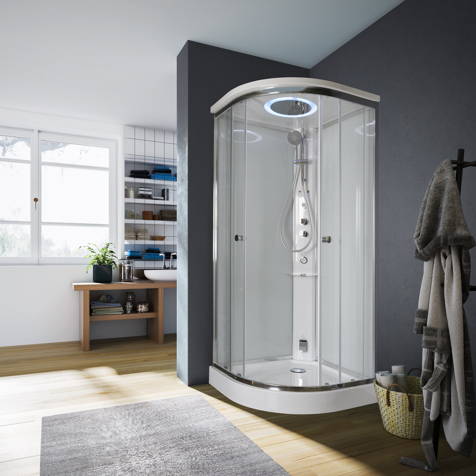 È semicircolare il box doccia multifunzione R55 Archimede di Glass 1989/Ronal Bathrooms con profili in cromo, vetro da 6 mm e porta scorrevole. Misura L 90 x P 90 x H 211 cm. Prezzo, della versione basic con colonna e piatto doccia, 1.815 euro. www.glass1989.it È semicircolare il box doccia multifunzione R55 Archimede di Glass 1989/Ronal Bathrooms con profili in cromo, vetro da 6 mm e porta scorrevole. Misura L 90 x P 90 x H 211 cm. Prezzo, della versione basic con colonna e piatto doccia, 1.815 euro. www.glass1989.it