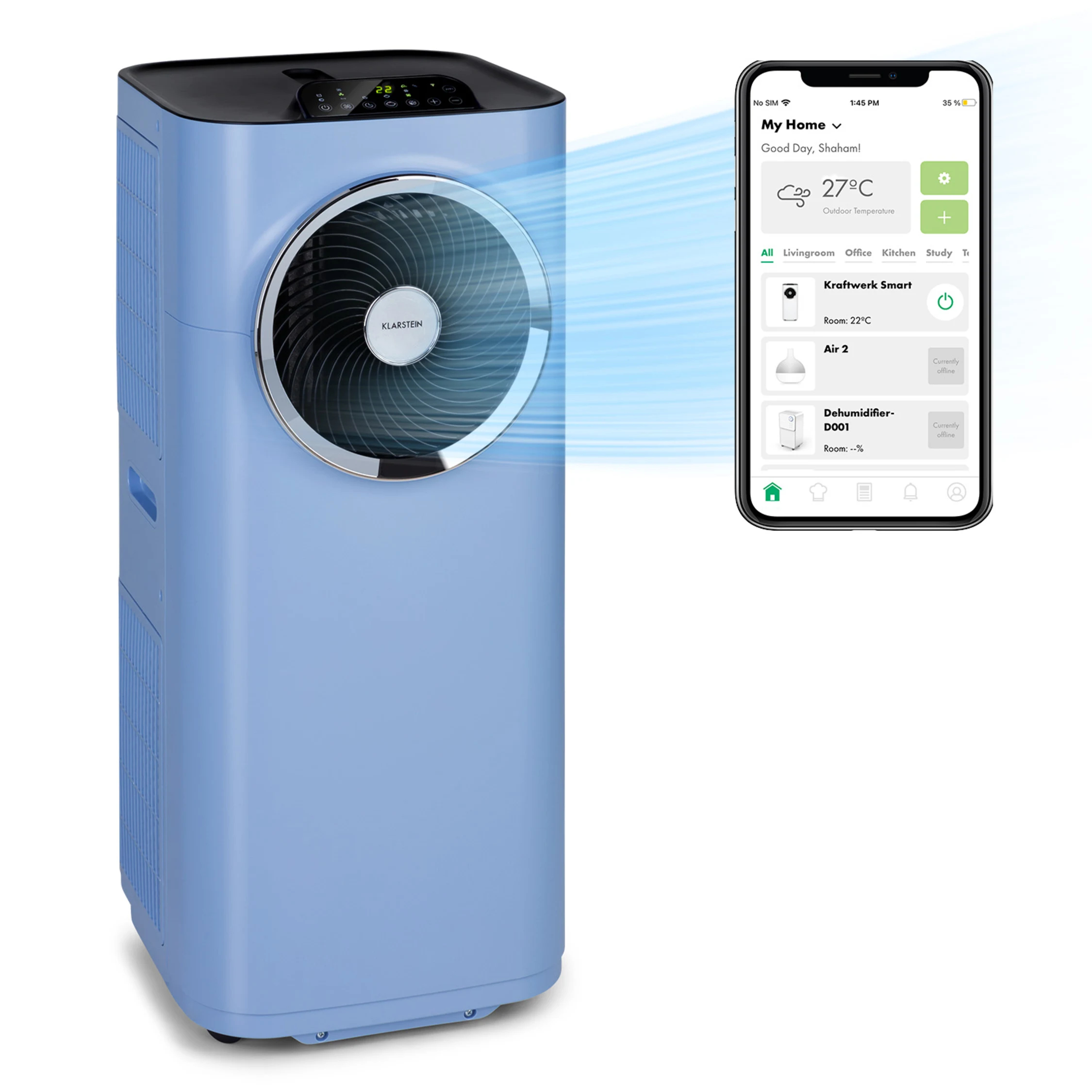 Il climatizzatore Kraftwerk Smart 12K di Klarstein assicura un perfetto clima di benessere in locali tra 35 e 59 mq. Ha ventilatore integrato che distribuisce in modo affidabile l’aria fresca in tutta la stanza con 3 livelli di potenza, mentre la funzione di deumidificazione filtra fino a 23 litri di umidità al giorno. Con una rumorosità di soli 50 dB al livello minimo, Kraftwerk è silenzioso, è dotato di un timer fino a 24 ore e consente una gestione smart tramite la app. Ha capacità di raffreddamento di 12.000 Btu/h. Misura L 35,5 x P 38 x H 82 cm. Prezzo 542 euro. www.klarstein.it